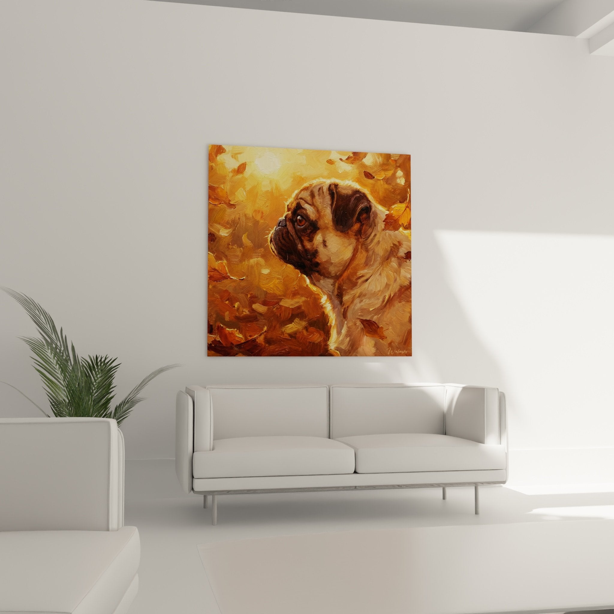 Detailporträt Mops mit bernsteinfarbenen Augen, rehbraunes Fell, sichtbare Pinselstriche, expressive Maltextur, Hund