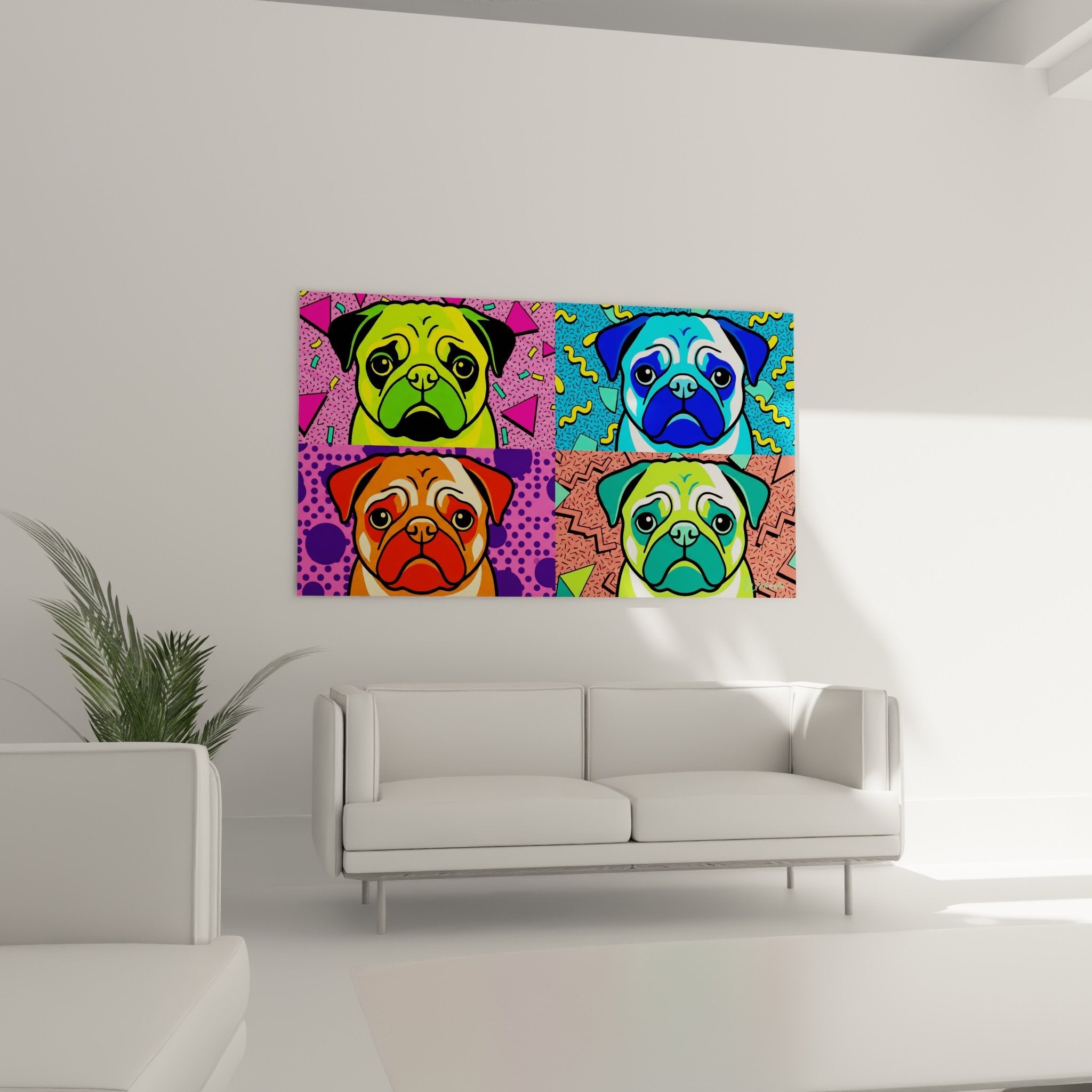 Detailporträt Mops grün Neongrün Pop-Art geometrische Muster Dreiecke Konfetti