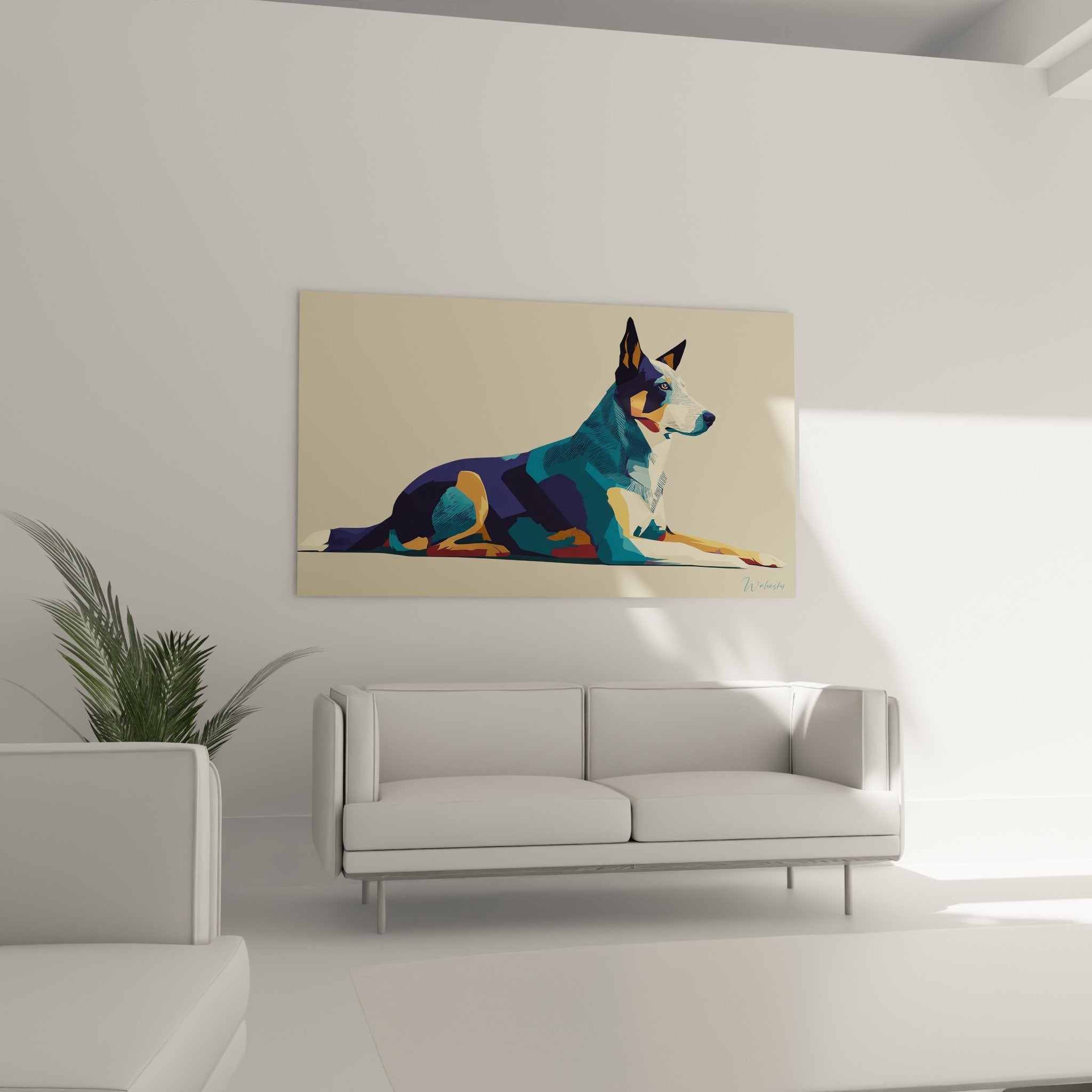 Detail facettes polygonales portrait Australian Cattle Dog bleu orange technique artistique moderne