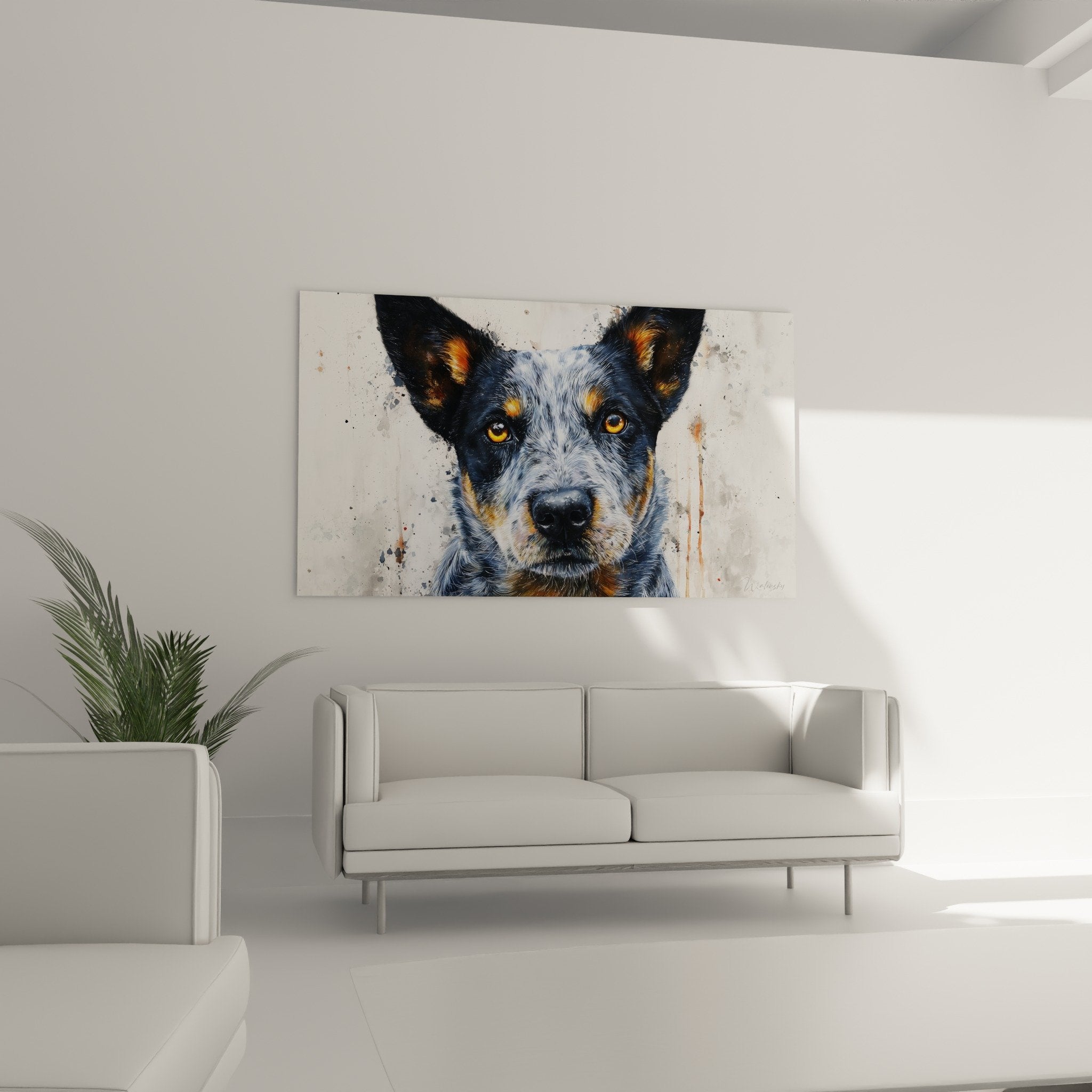 Detail portrait Australian Cattle Dog yeux ambre intenses pelage bleu gris texture realiste peinture