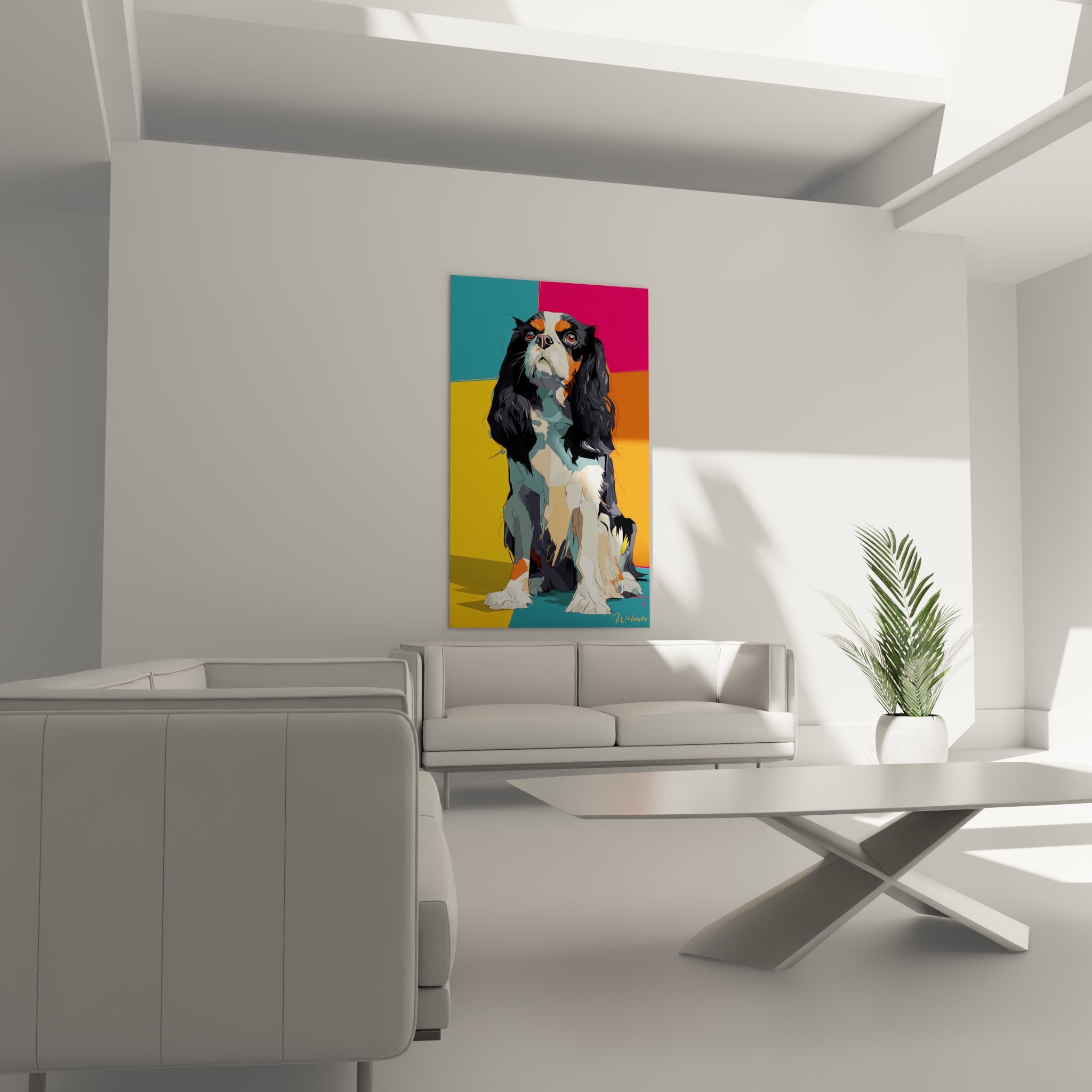 Detailporträt Cavalier King Charles tricolor mit ausdrucksstarken bernsteinfarbenen Augen, strukturiertes Fell in Schwarz, Weiß und Orange