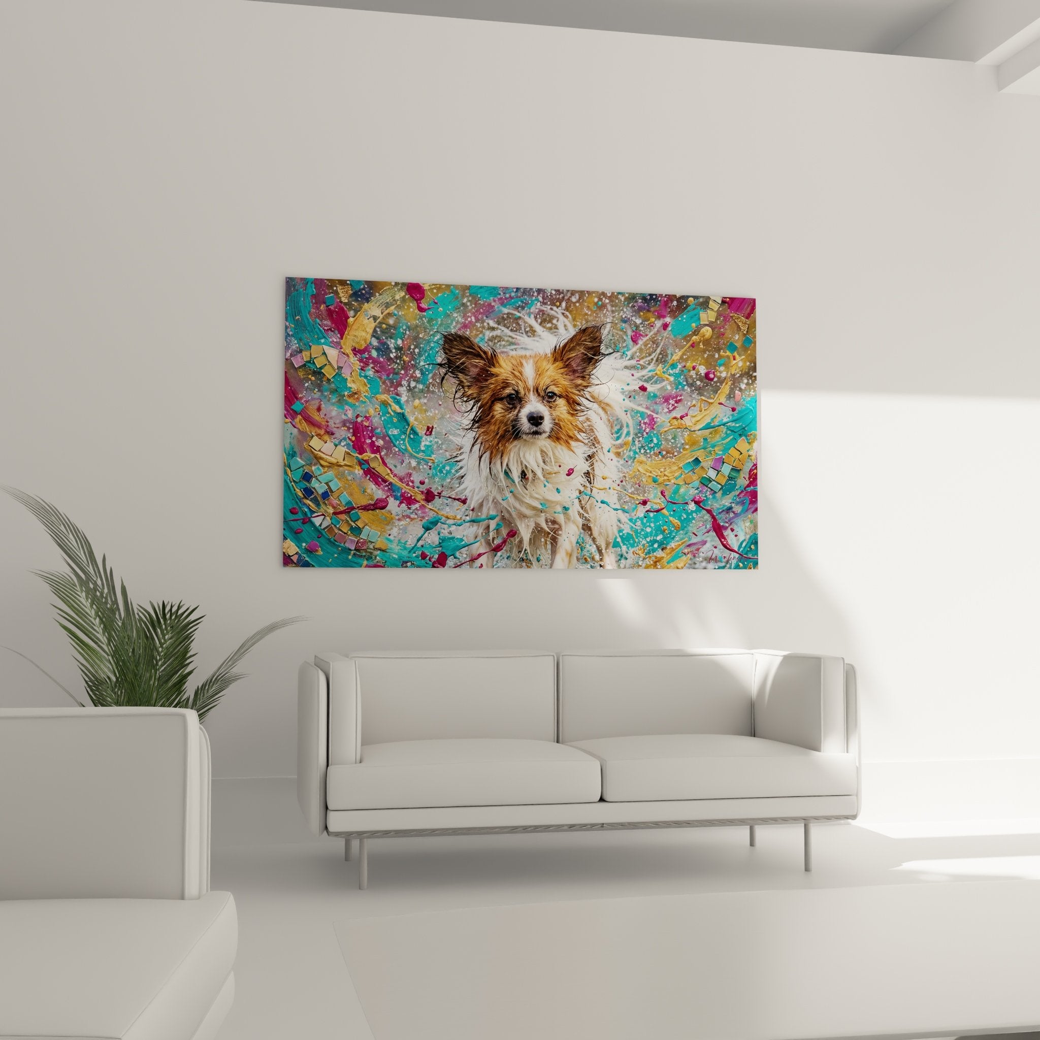 Détail tableau chien papillon portrait réaliste avec éclaboussures peinture multicolore effet artistique