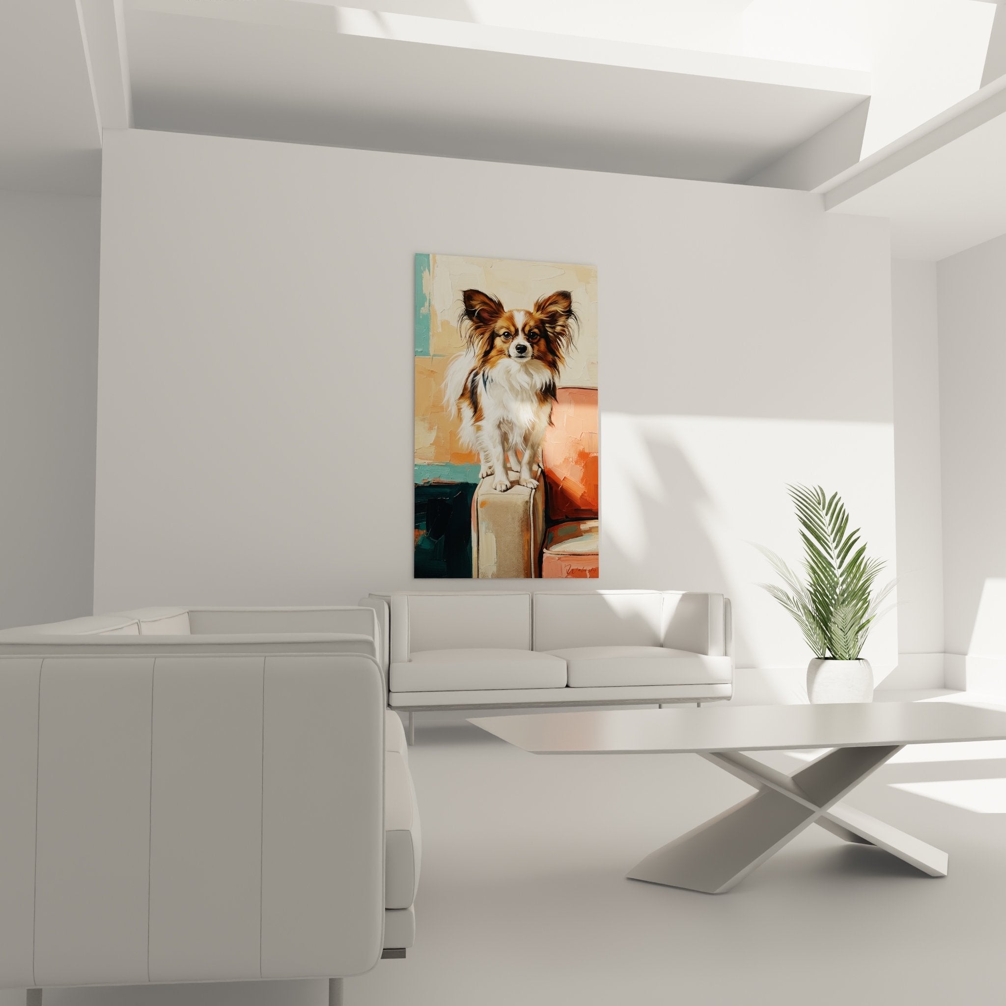 Détail portrait chien Papillon pelage fauve et blanc oreilles soyeuses expression tendre regard vif
