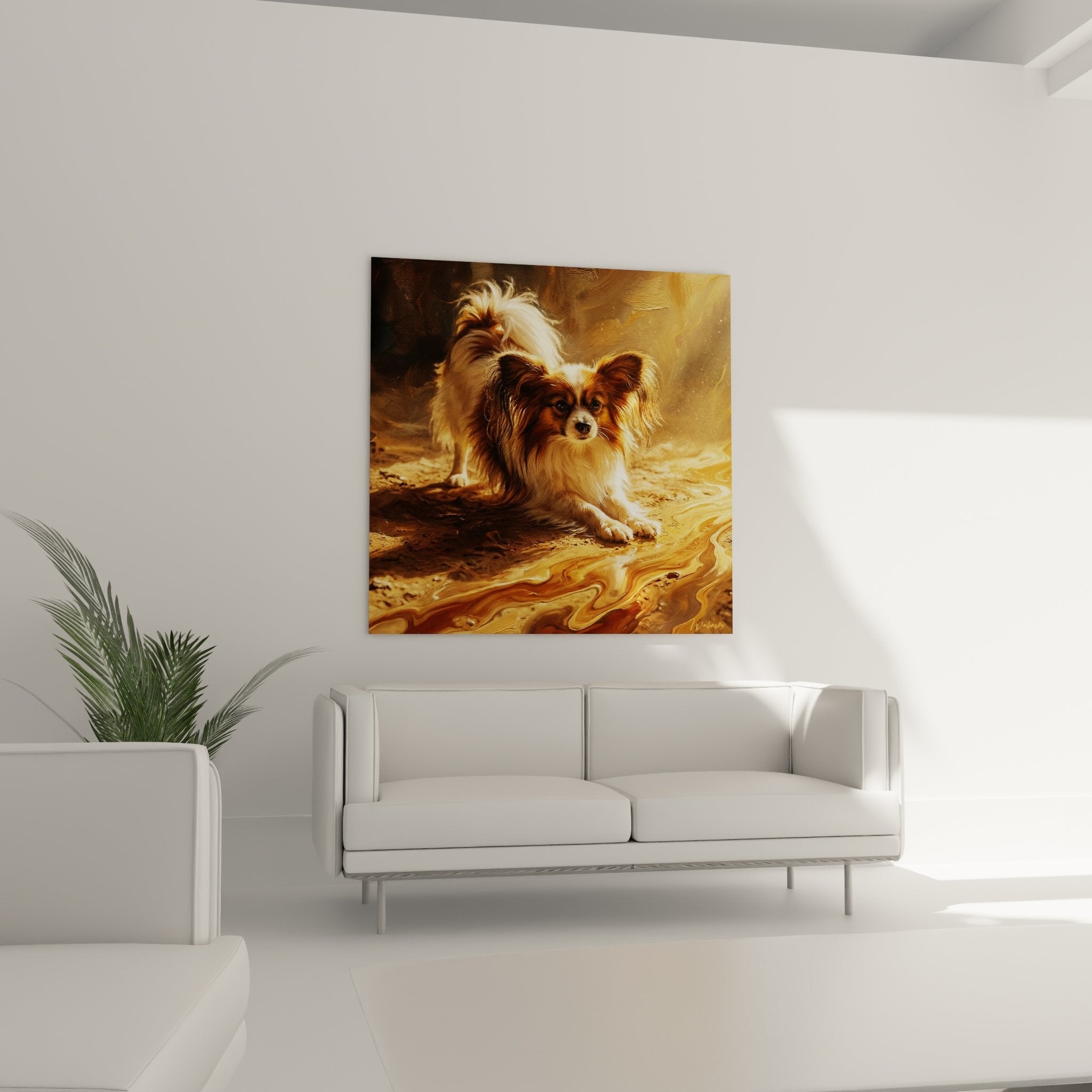 Détail portrait chien papillon pelage tricolore reflets dorés peinture réaliste