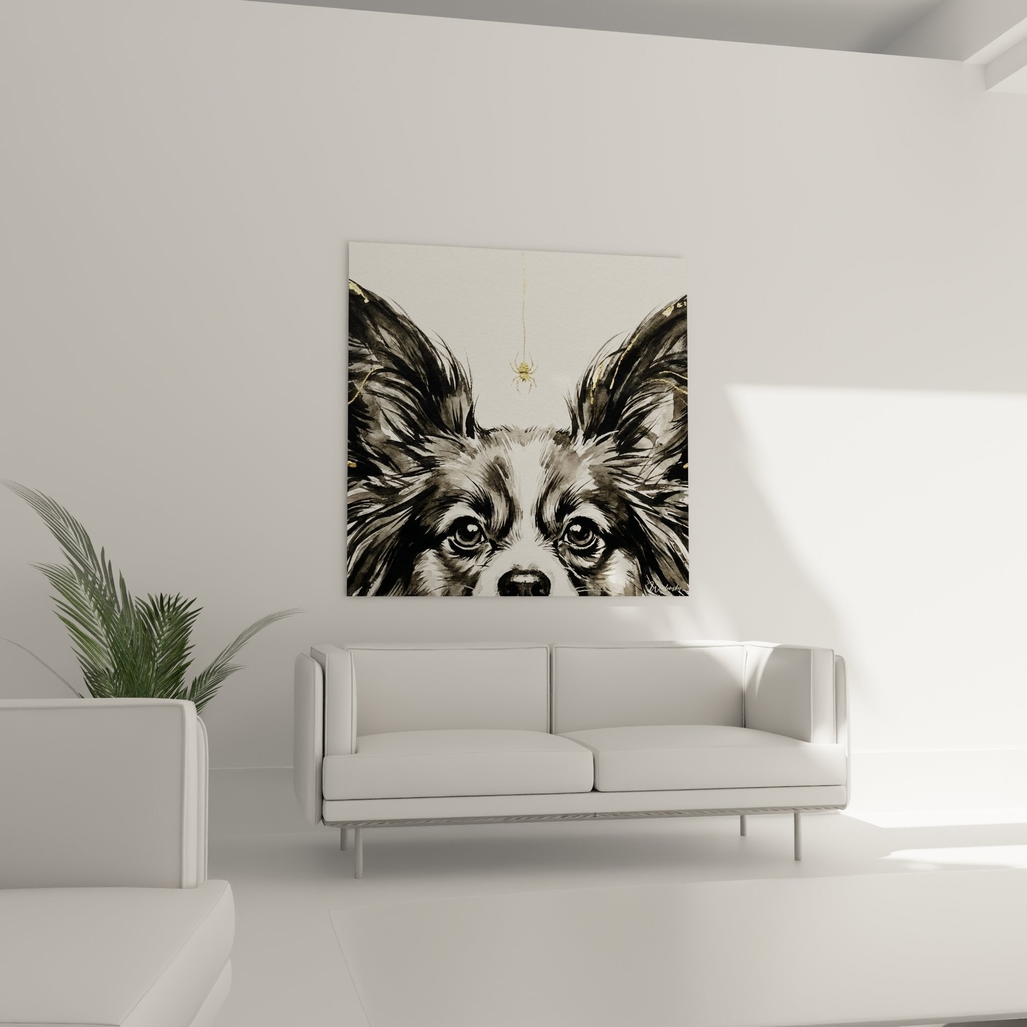 Close-up portrait butterfly dog expressive eyes gray white coat golden touches artistic detail
