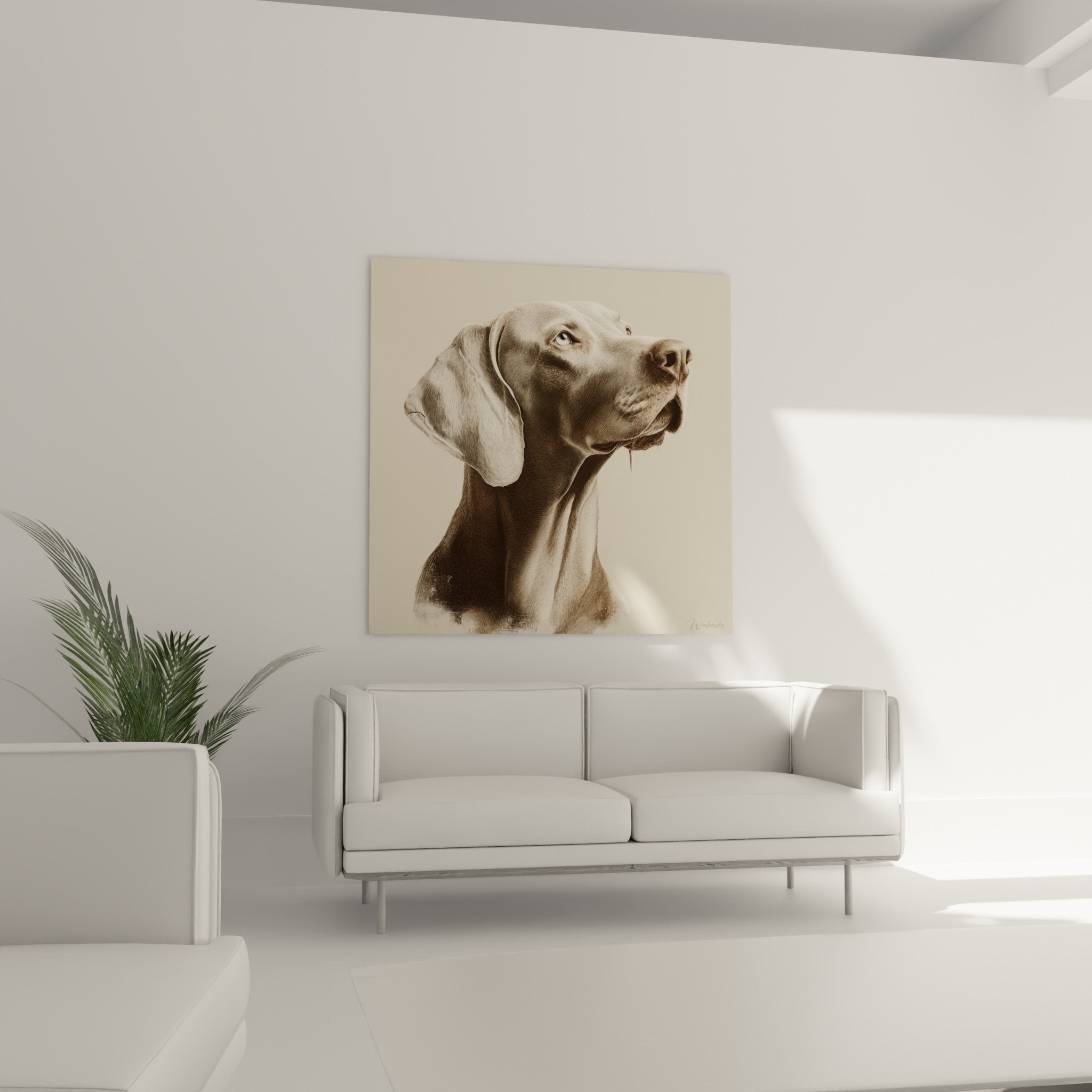 Détail rapproché du portrait canin montrant la finesse du trait et les nuances sépia du pelage du Weimaraner