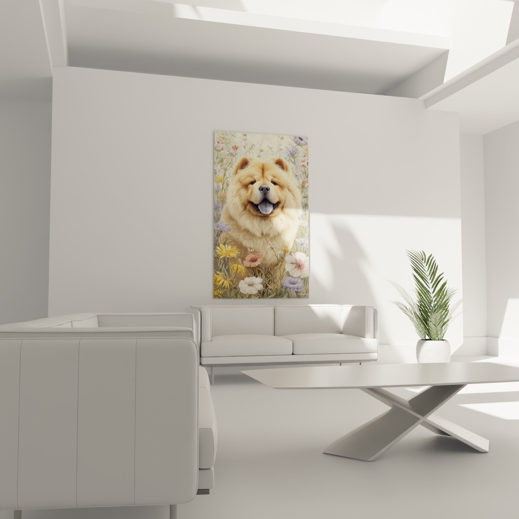 Détail portrait Chow Chow souriant langue rose pelage doré fleurs délicates couleurs tendres