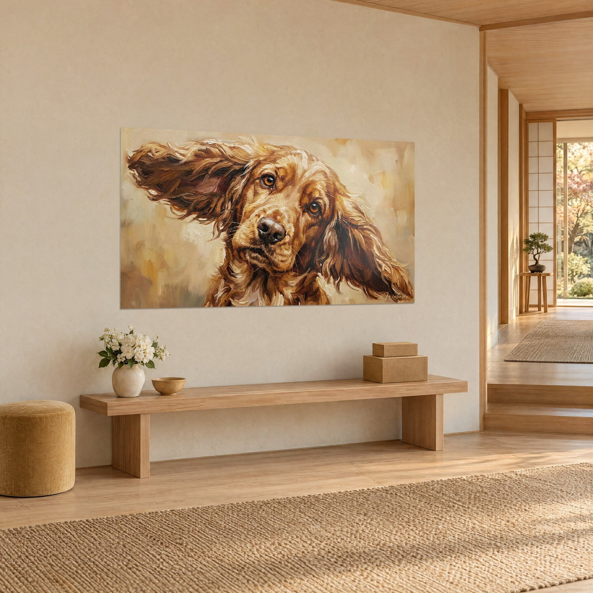 Schilderij van een roodbruine hond met geneigd hoofd, oker- en crèmekleurige vacht in dikke penseelstreken, driekwart zicht tegen een lichte muur, japandi hal