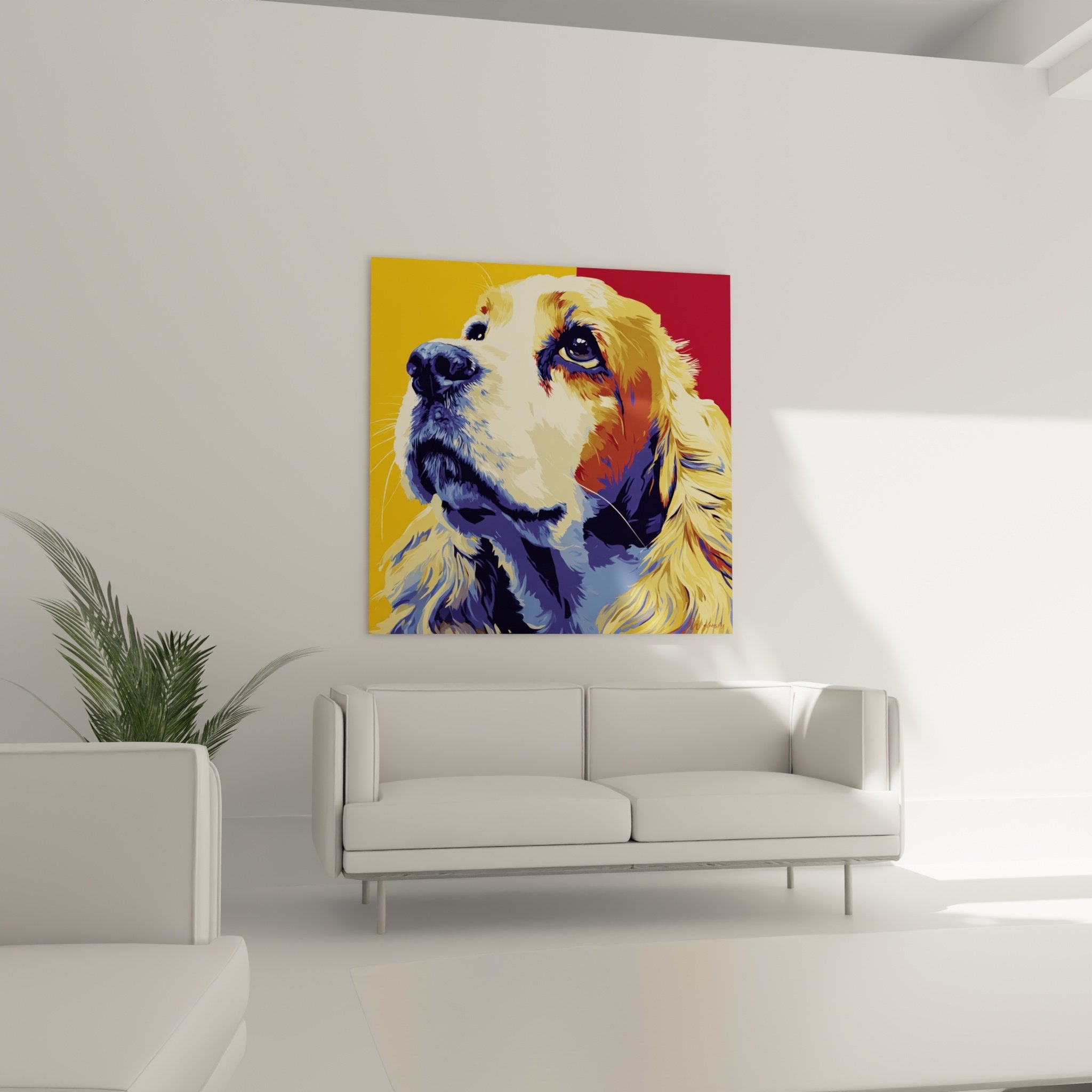 Détail portrait Cocker peinture moderne couleurs bleu doré regard expressif technique picturale