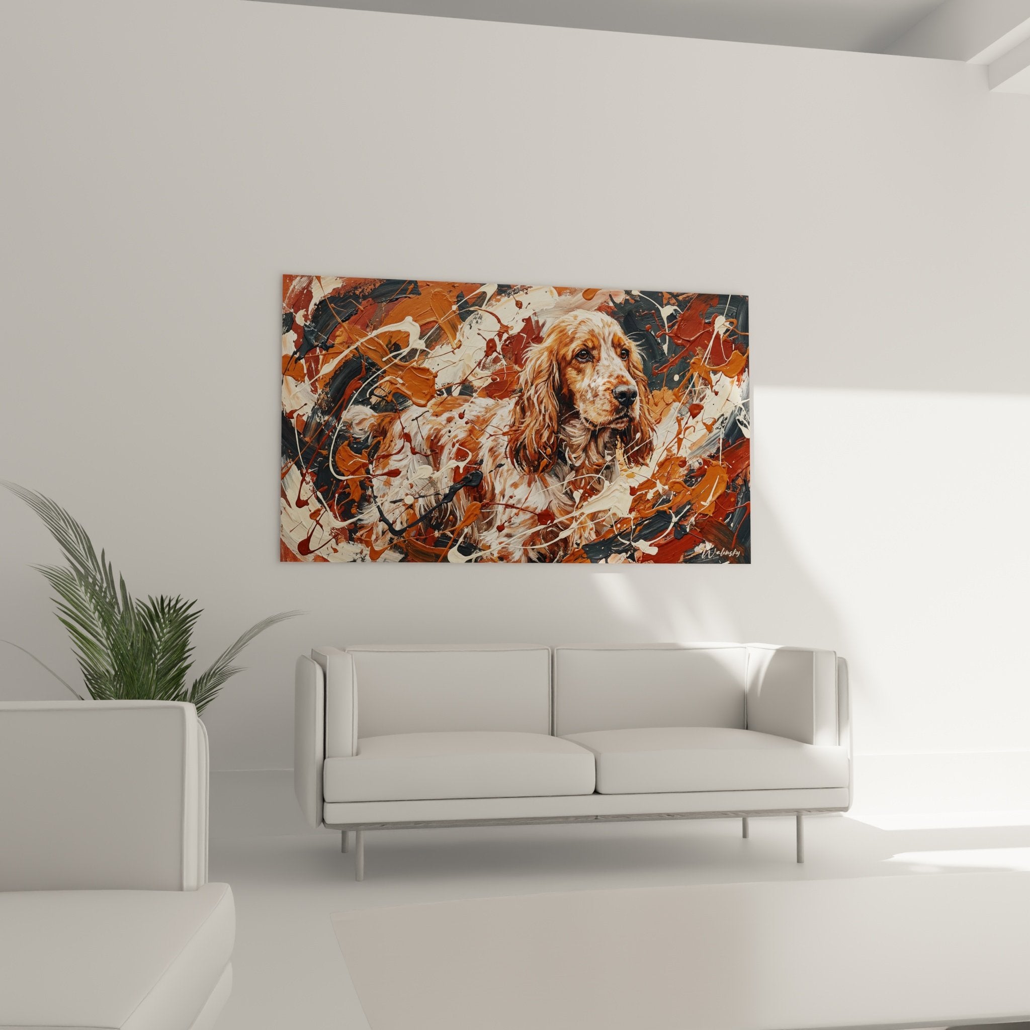 Detail portrait Cocker Anglais peinture gestuelle tons cuivres technique expressionniste art canin moderne