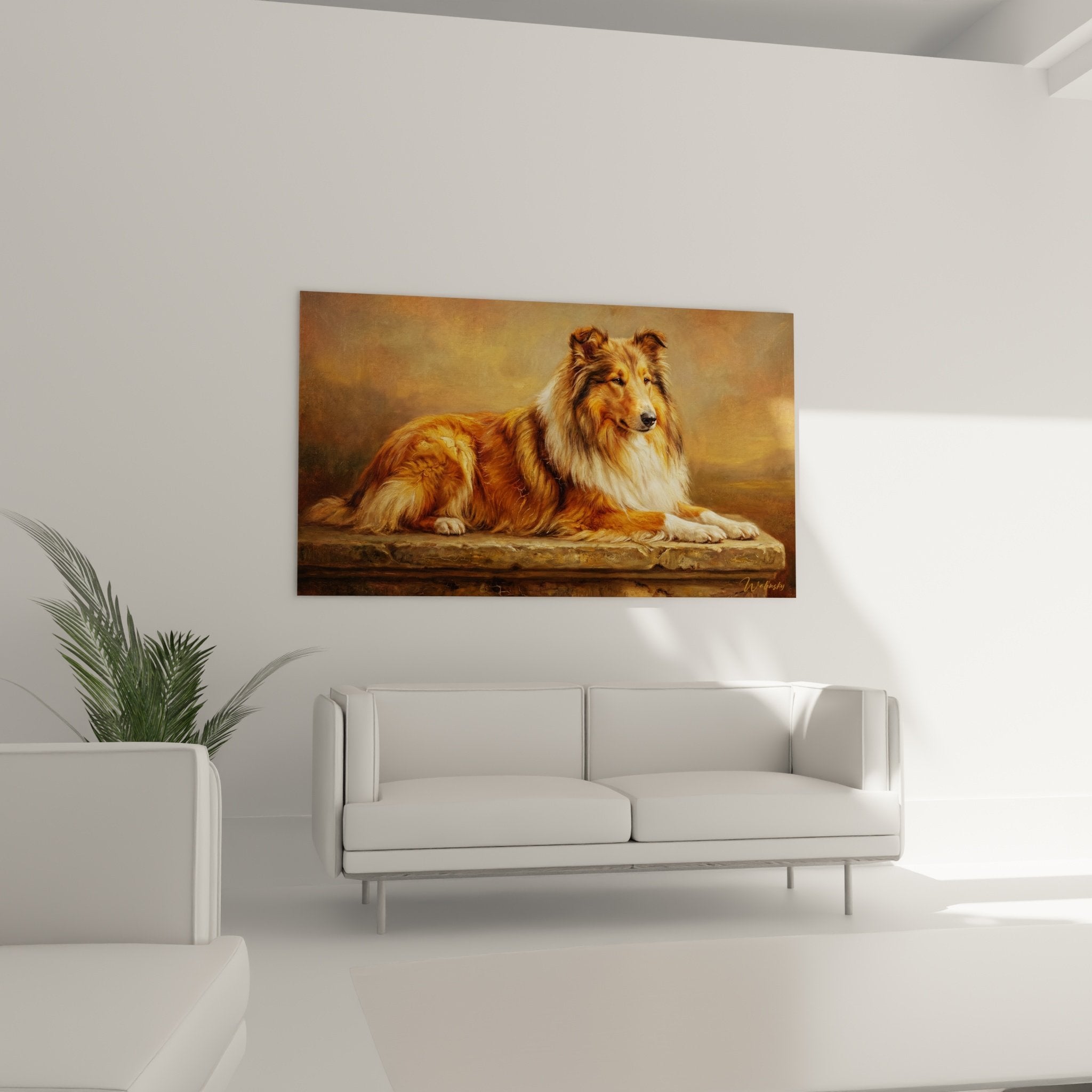 Detailporträt eines rothaarigen Collies mit seidenartigem Fell und goldenen Reflexen, wohlwollender Blick, realistische Malerei