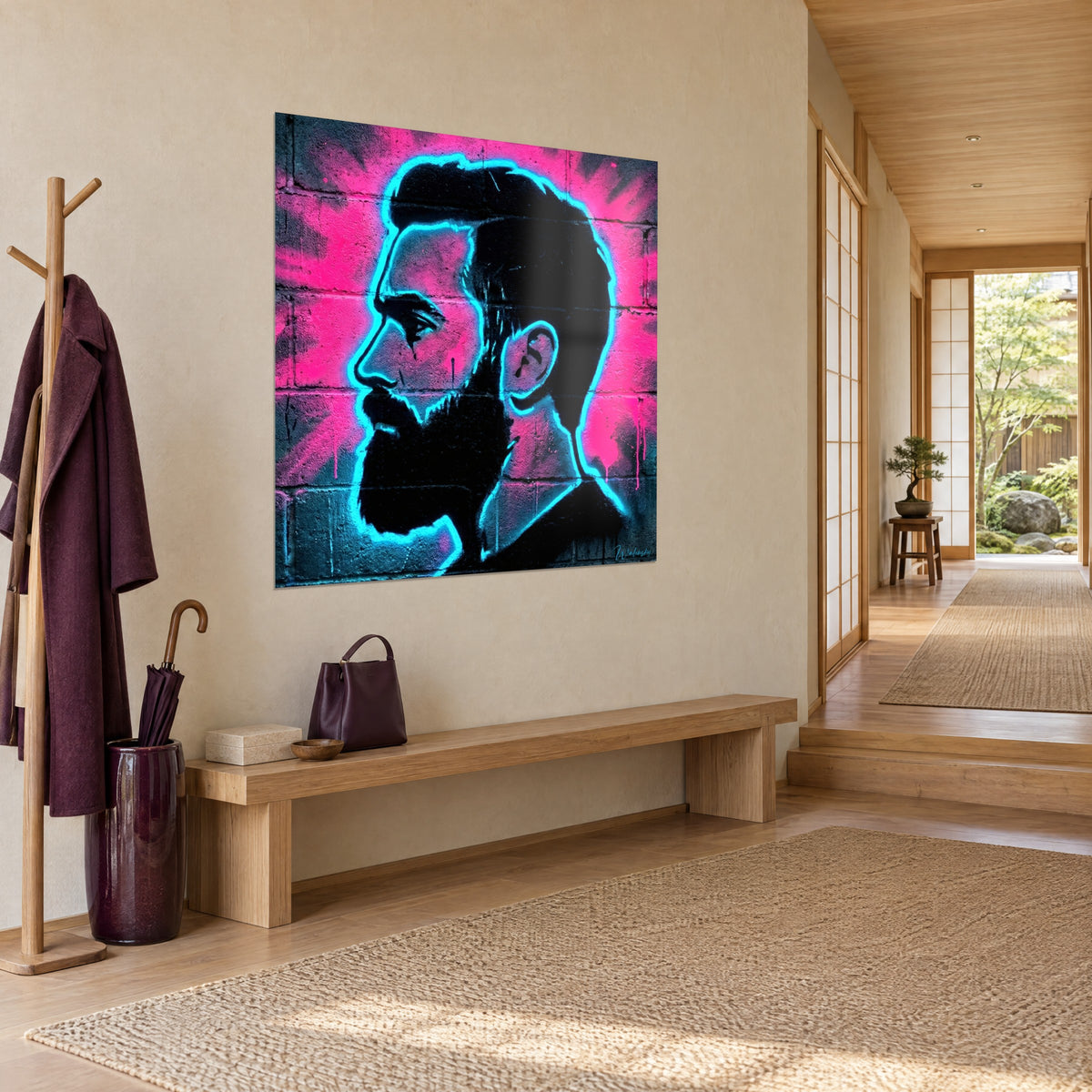 Gemälde Street-Art eines Mannes mit schwarzem Bart im Profil, blauer Neonschein auf fuchsiafarbenem Grund, dreiviertel Ansicht in einem japandi Flur