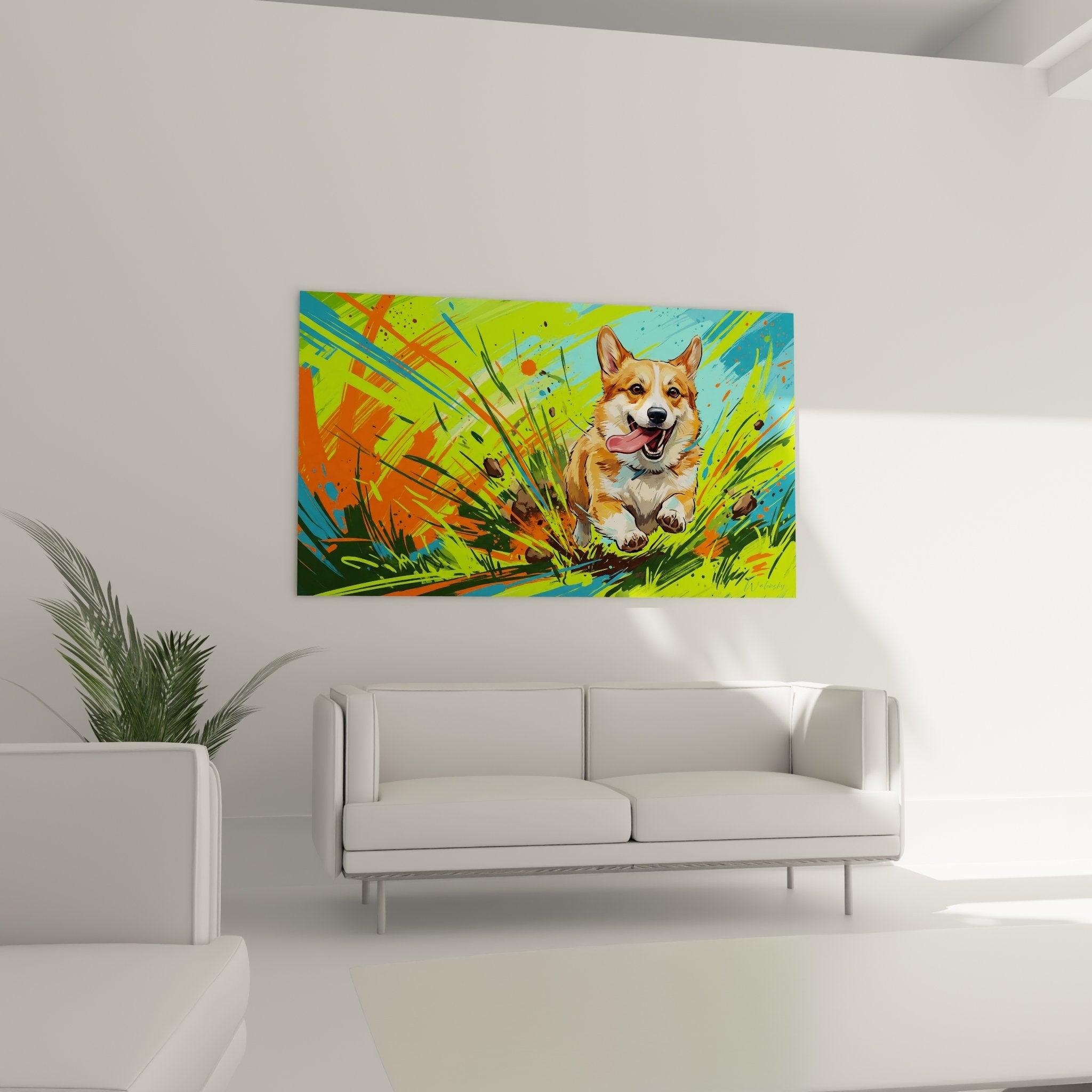 detail corgi pembroke porträt rosa zunge ausdrucksstarke augen farbige spritzer malerei