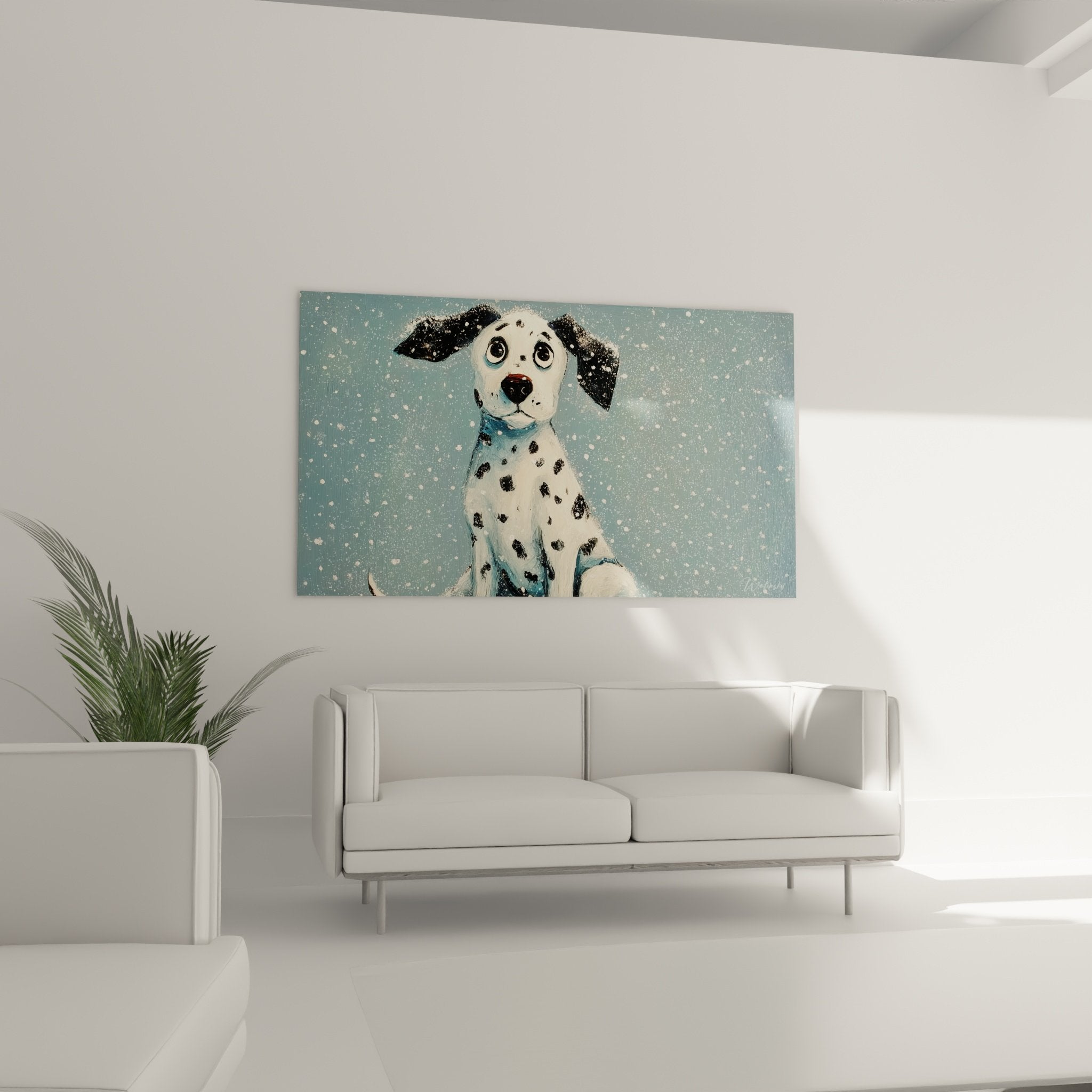 Detailporträt eines Dalmatiner-Welpen mit blauen Augen und schwarzen Flecken