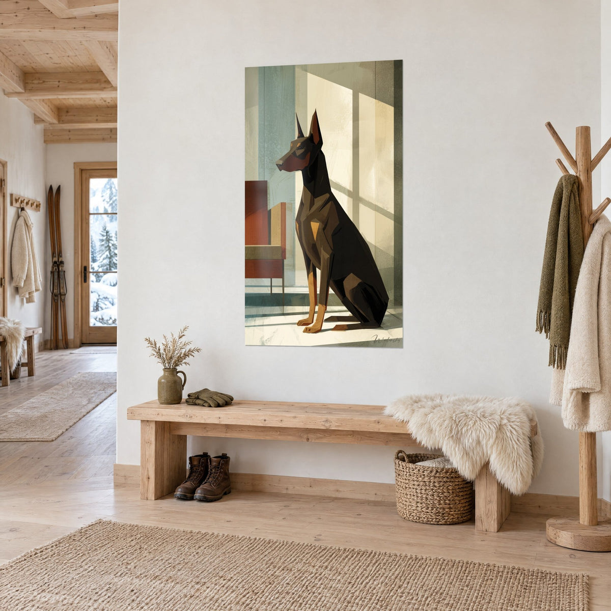 Gemälde geometrischer Hund mit aufgerichteten Ohren, schwarzes und ockerfarbenes Fell, rostfarbener Sessel, Dreiviertelansicht in einem verschneiten Chalet