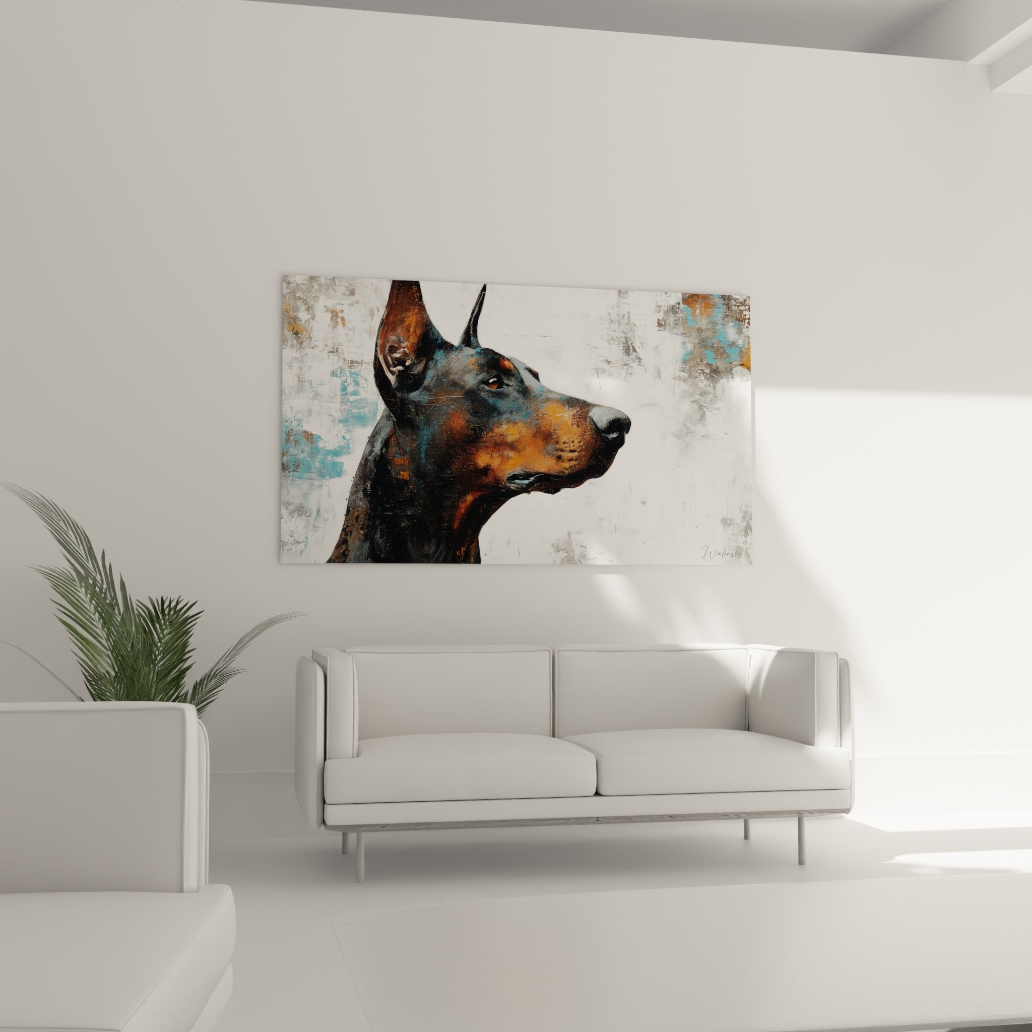 Detail portrait doberman peinture tons ocre texture empâtements touches bleues regard expressif