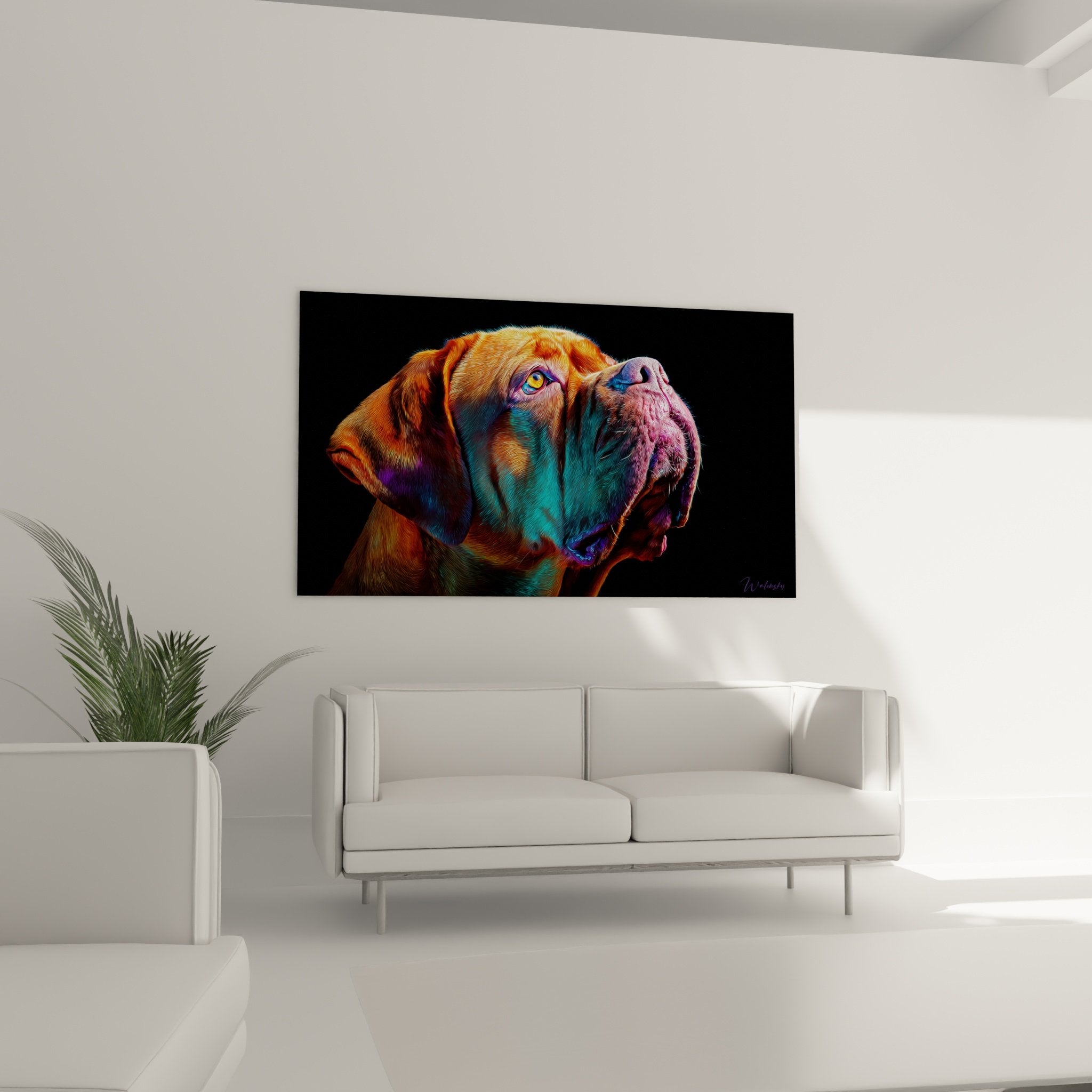 Détail portrait Dogue de Bordeaux art contemporain couleurs psychédéliques orange turquoise violet