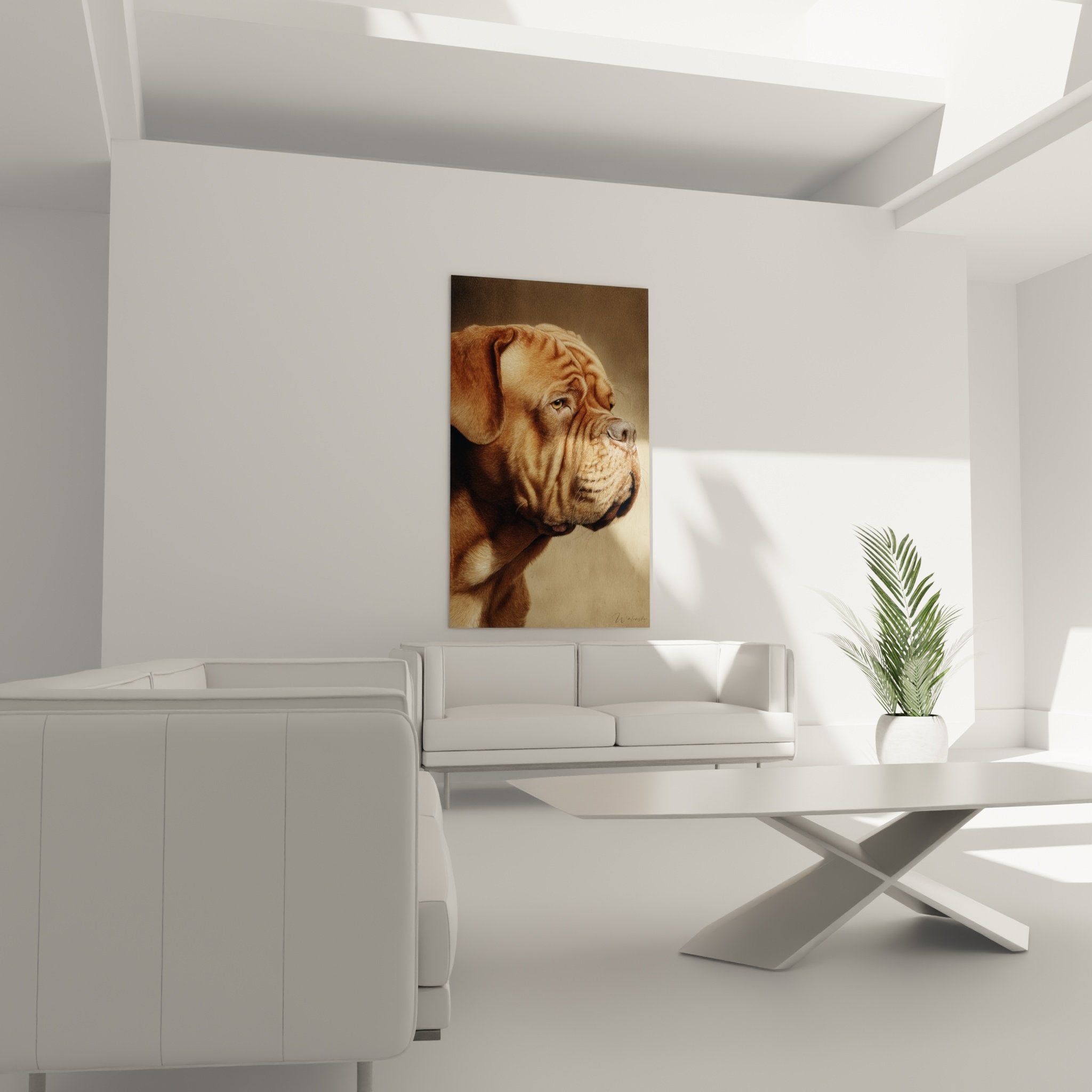 Gros plan portrait Dogue de Bordeaux peinture realiste details museau rides expressives