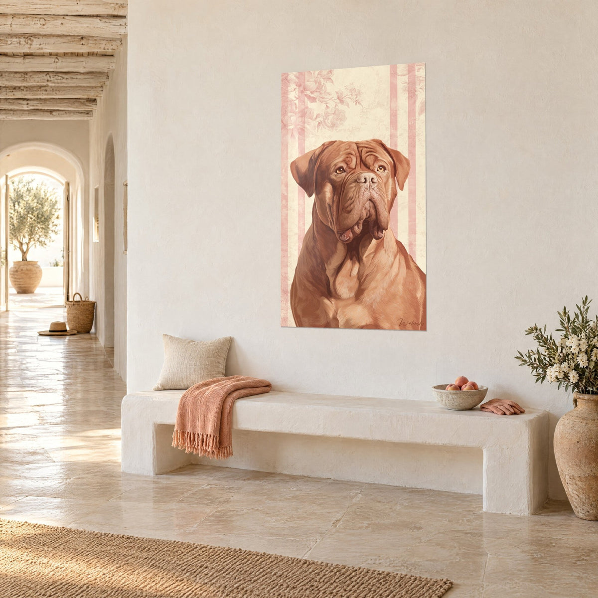 Wall art red-brown mastiff with amber eyes and droopy jowls, powder pink stripes, hung above a white bench, vaulted Mediterranean hallway