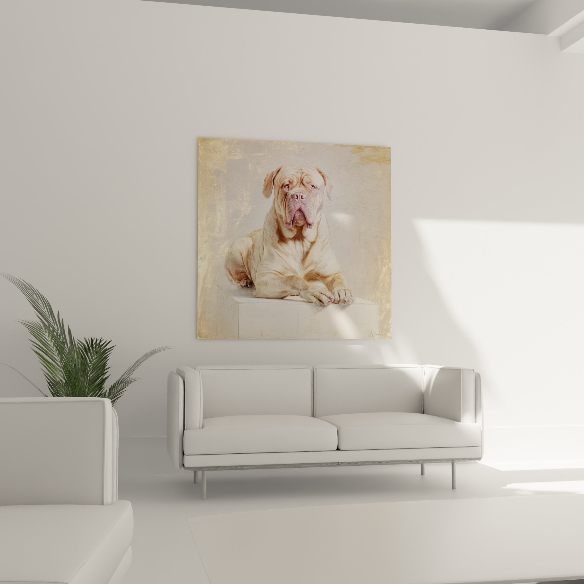 Detailporträt einer Bordeaux-Dogge mit melancholischem Blick, rosa Augen, realistische Maltechnik