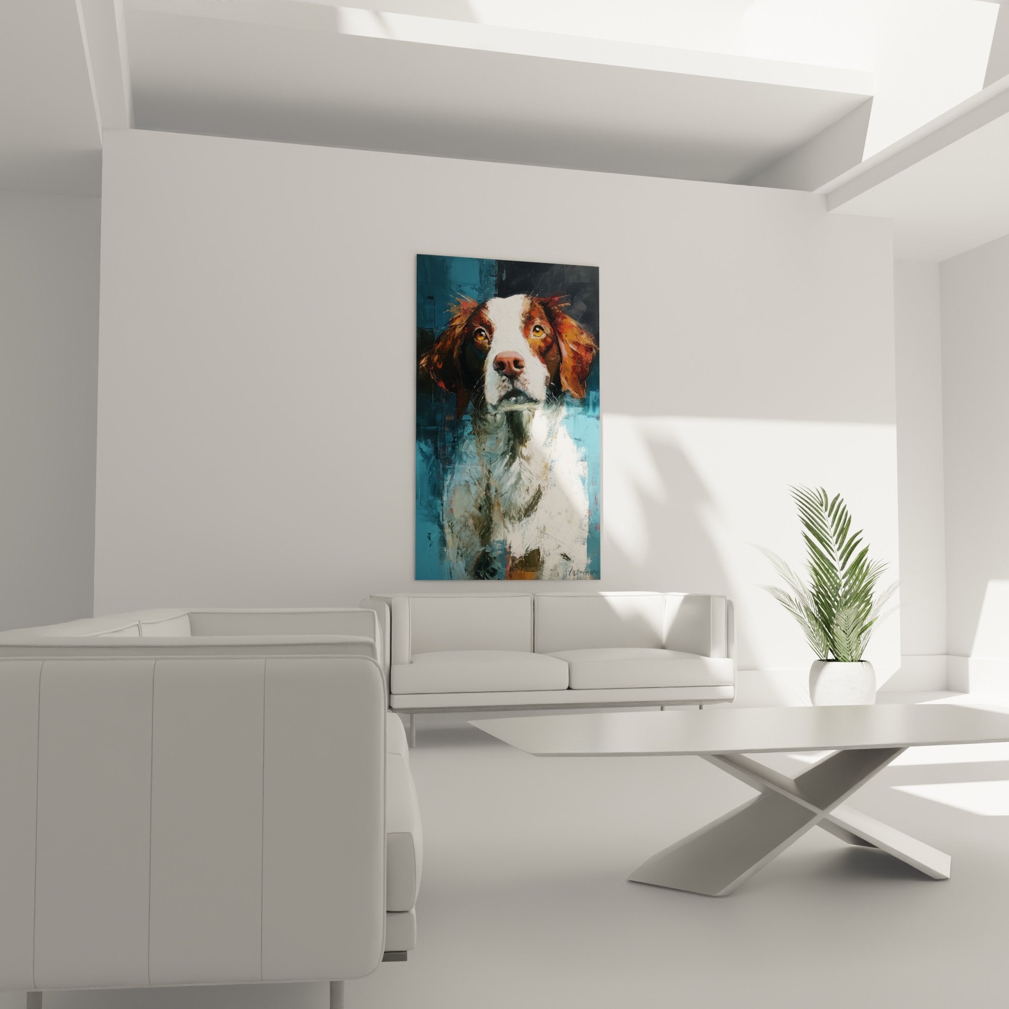 Dettaglio ritratto Spaniel Bretone pittura, occhi dorati espressivi e mantello rosso-fulvo con tecnica pittorica visibile