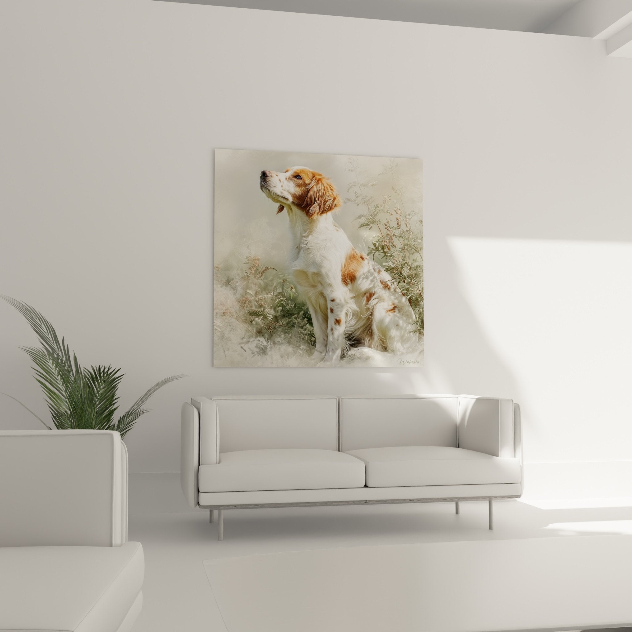 Detailed portrait Breton spaniel white coat red patches drooping ears contemplative expression realism