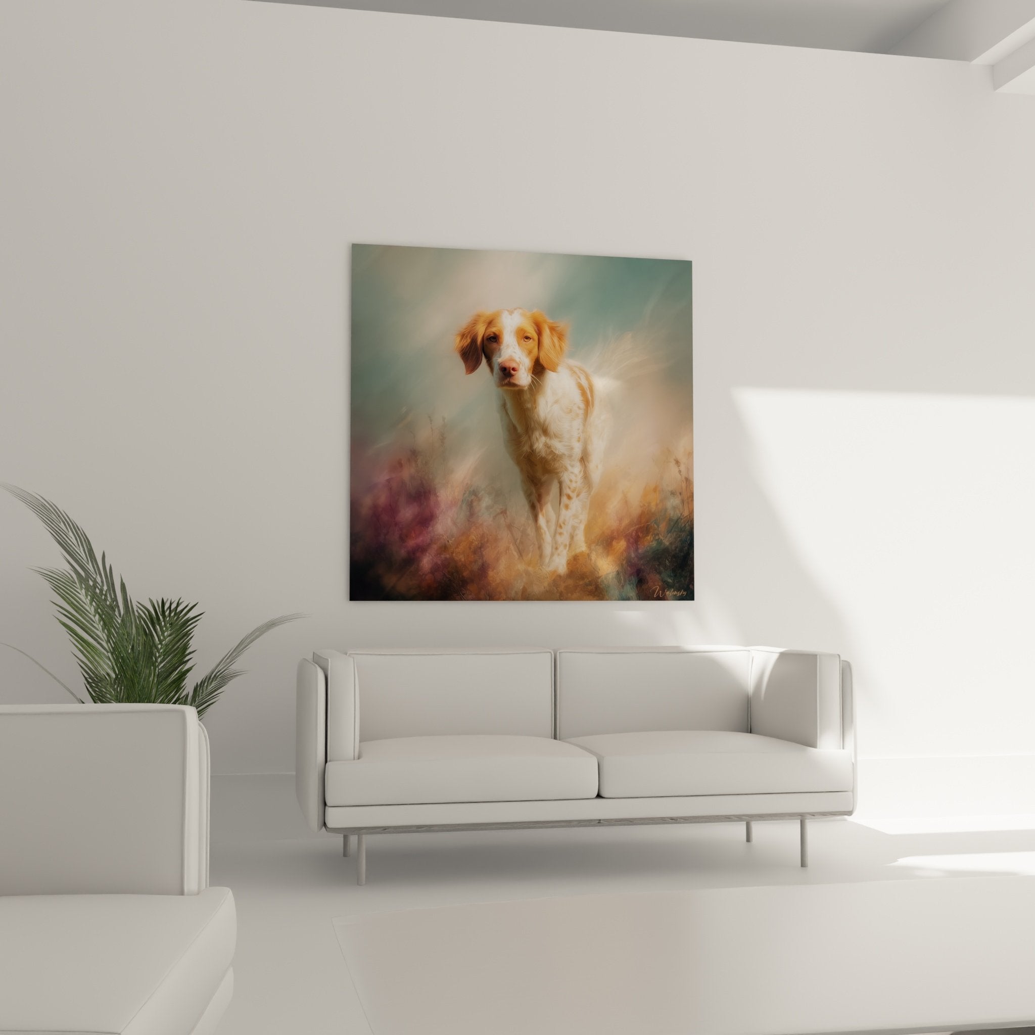 Dettaglio ritratto spaniel bretone occhi ambra mantello rosso bianco tecnica artistica nebbie