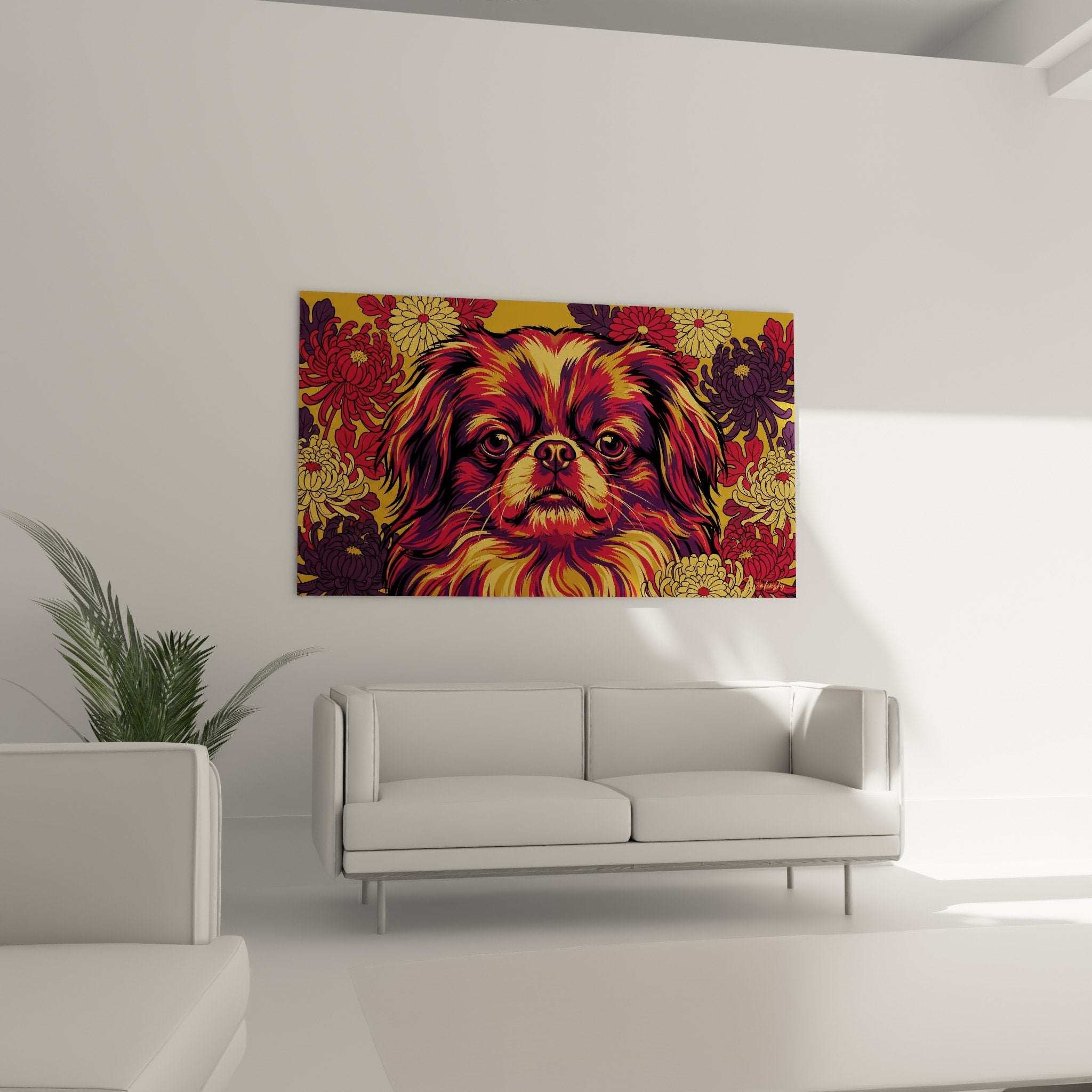 Détail portrait épagneul japonais pelage rouge doré yeux expressifs technique picturale expressionniste