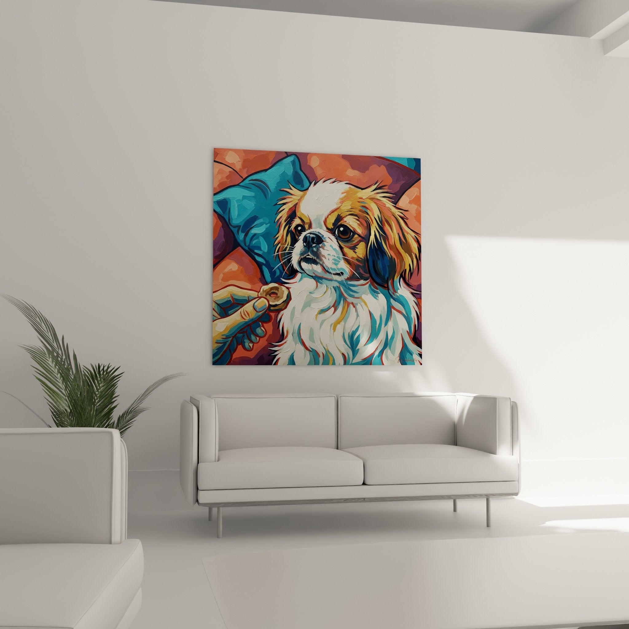 Détail rapproché du portrait d'Epagneul Japonais montrant les nuances dorées et les contrastes chromatiques