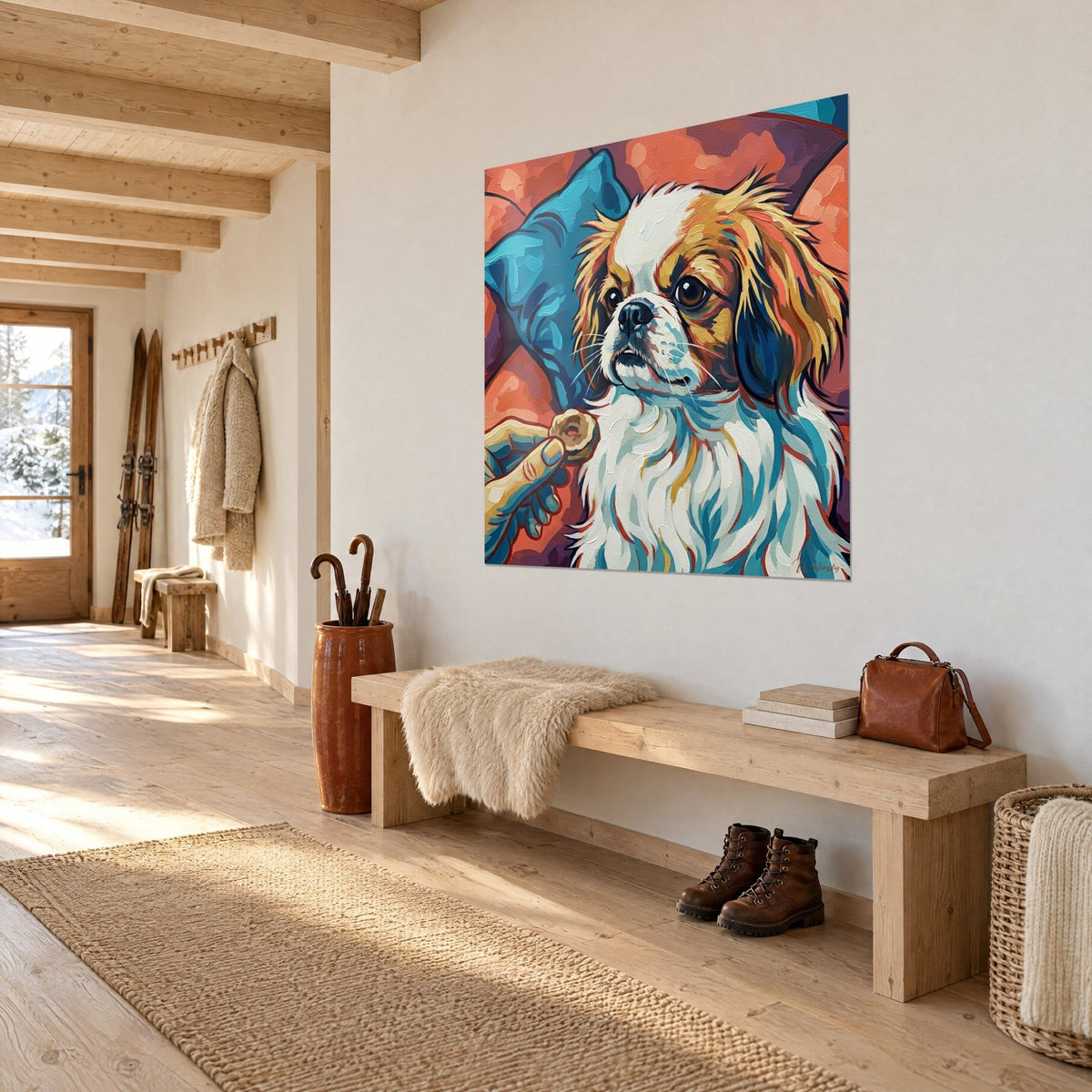 Schilderij klein hondje met bruine blik en zwarte snuit, uitgestoken lekkernij, turquoise en koraalkleurige penseelstreken, in perspectief in een chaletentree