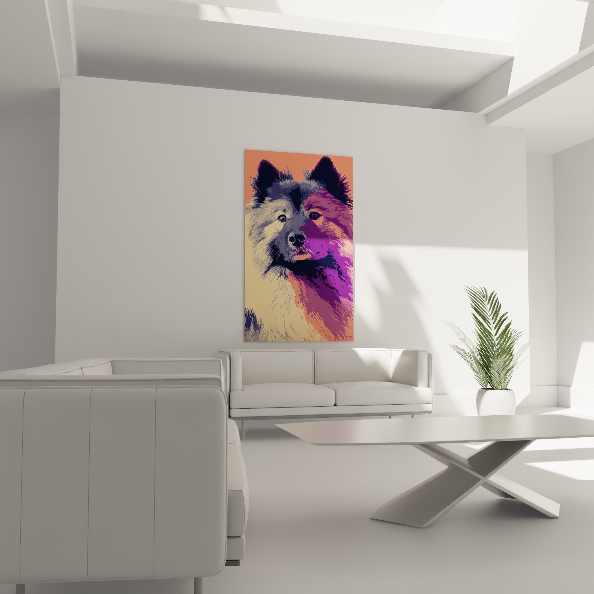 Détail portrait artistique Eurasier pelage violet orange yeux expressifs technique moderne