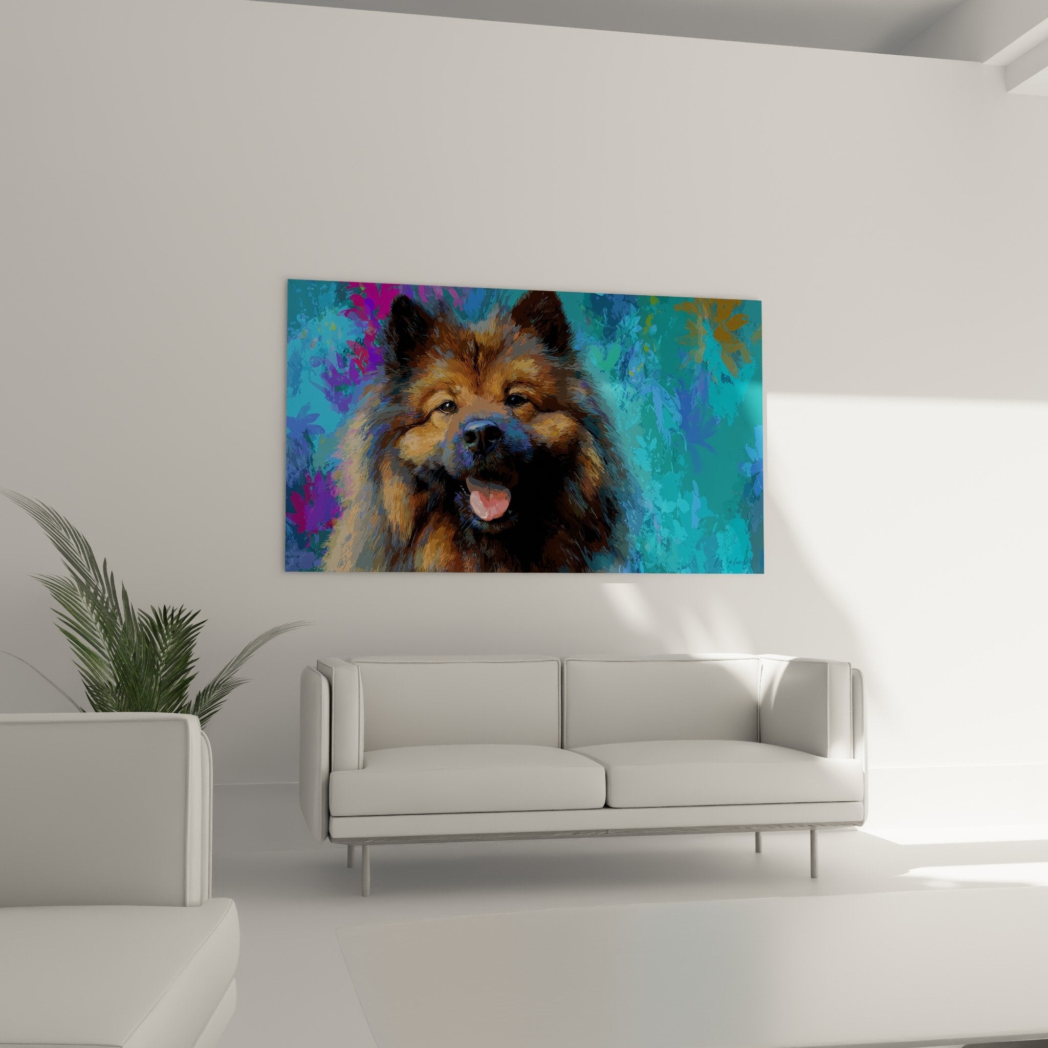 Smiling Eurasier portrait detail digital art vibrant colors golden brown coat black nose joyful expression