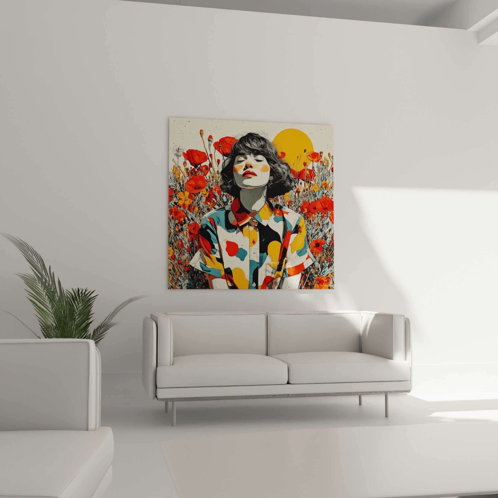 Detail portrait femme taches orange visage cheveux noirs fleurs rouges style artistique moderne coquelicot