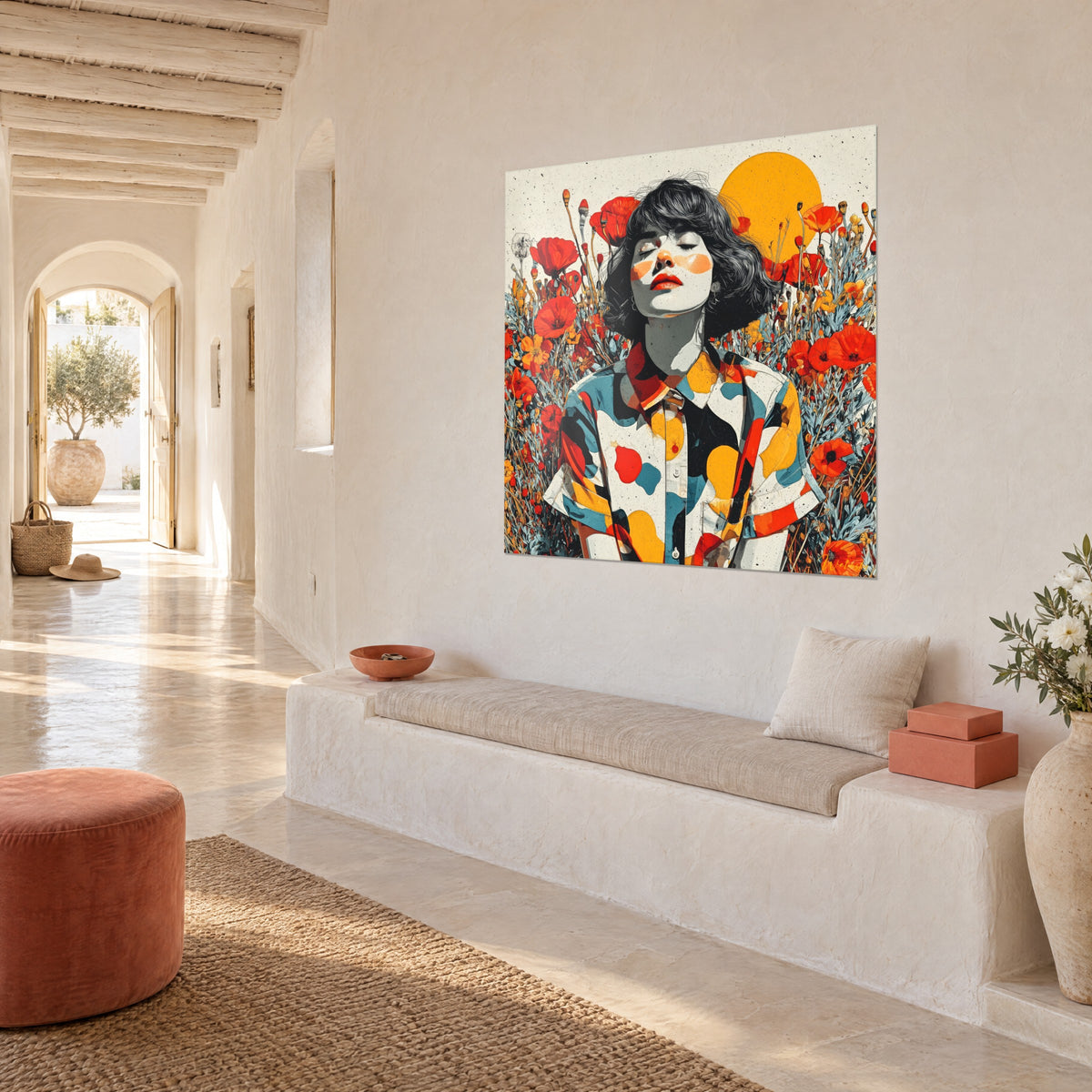 Wall art portrait with closed eyelids, red lips and a shirt with blue and yellow spots, white wall of a Mediterranean house