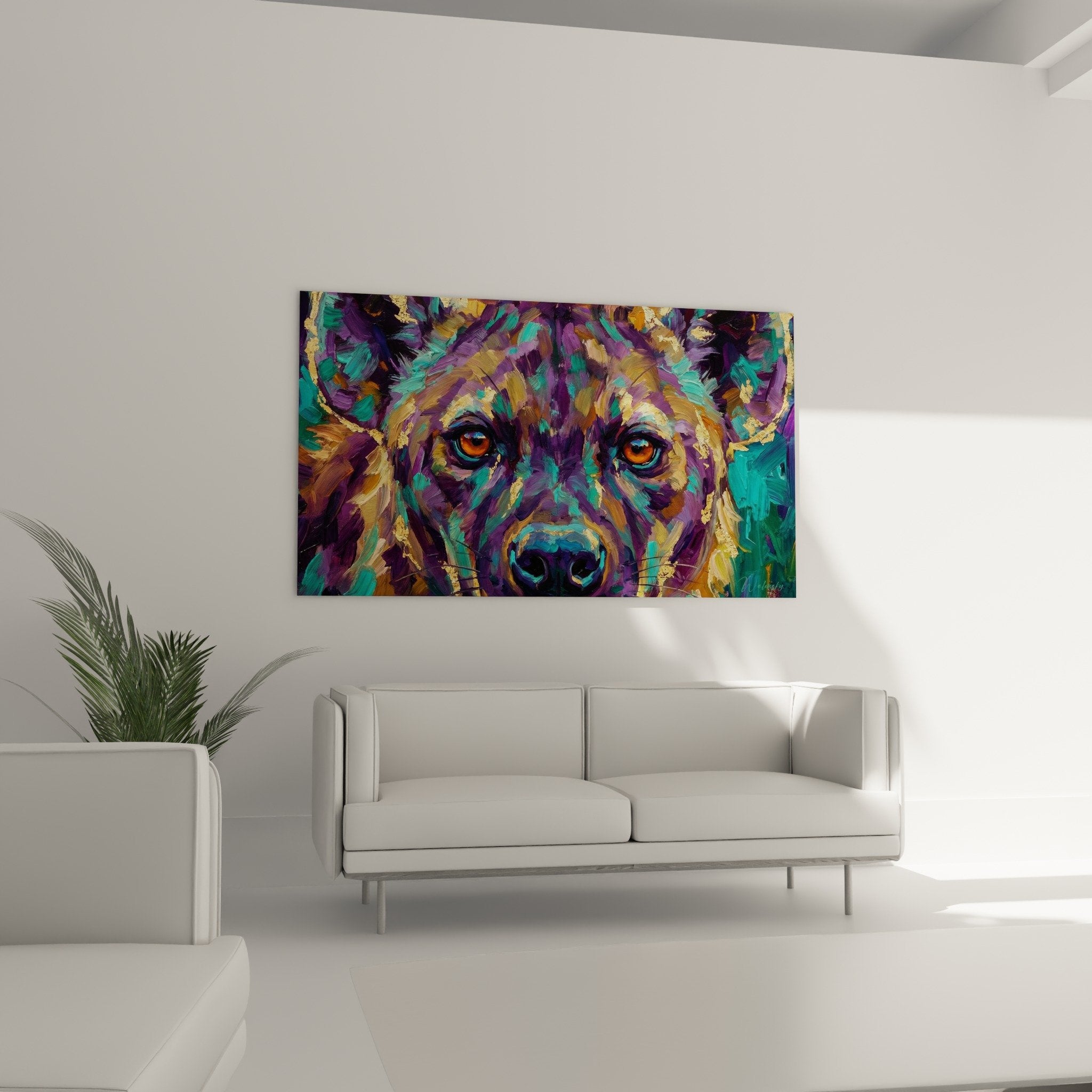 Nahaufnahme Detailporträt Hyäne expressionistische Malerei violette Türkis-Farben goldene Reflexe Textur