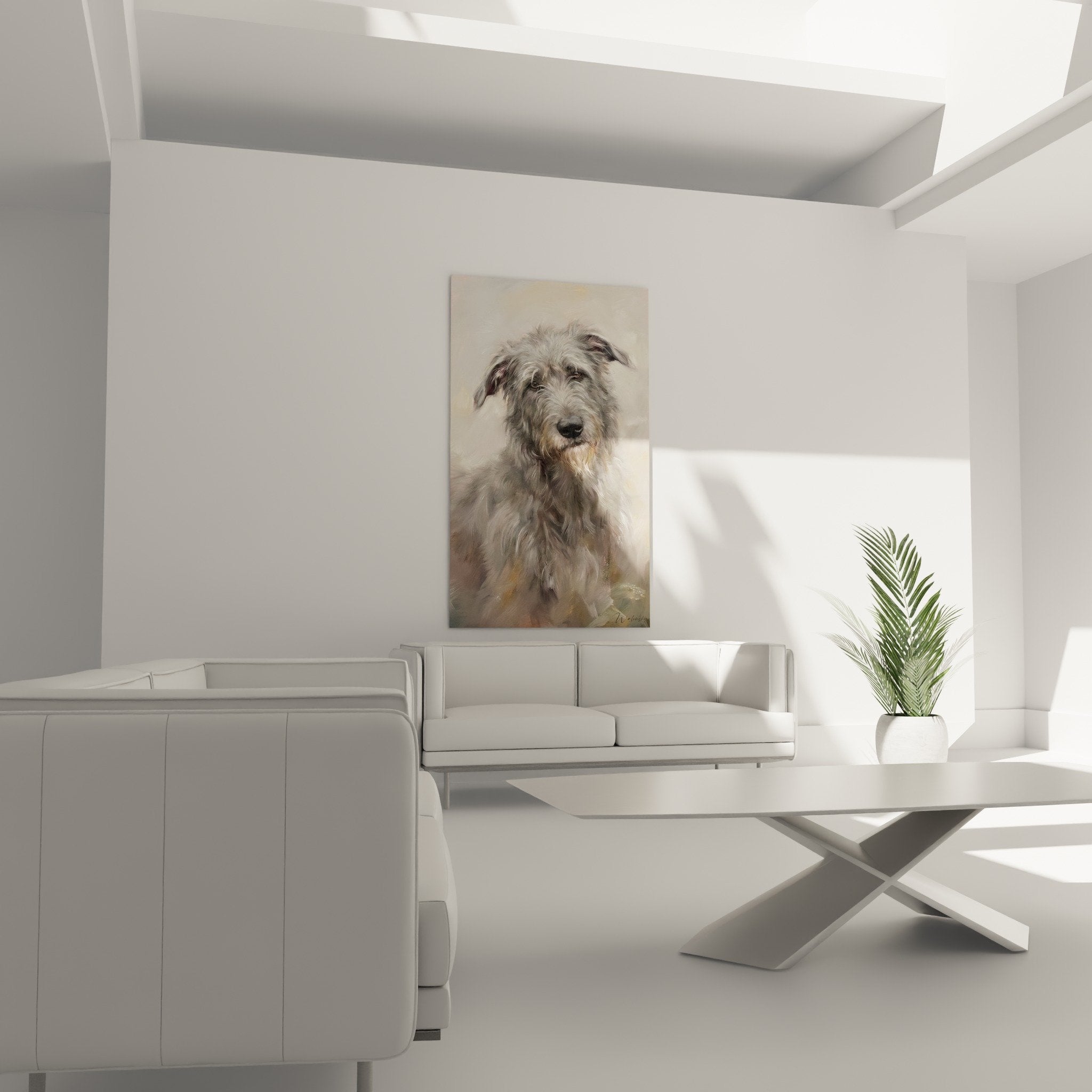 Irish Wolfhound portrait detail, visible brushstroke technique, textured grey coat nuances