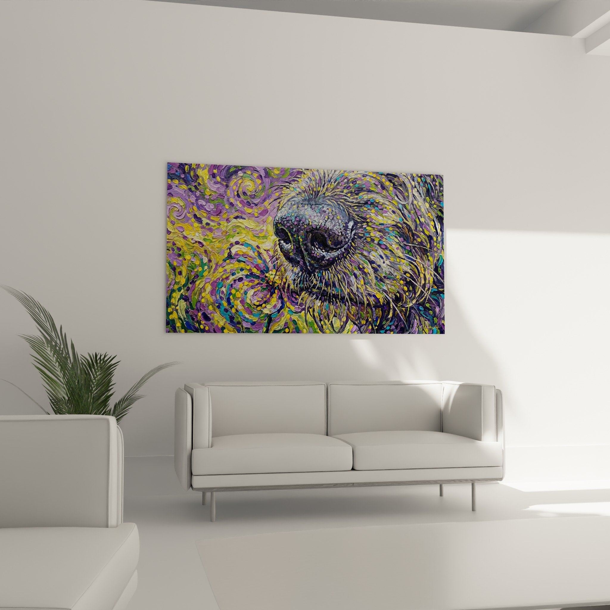 Irish Wolfhound dog portrait detail painterly technique purple spirals golden touches expressive eye
