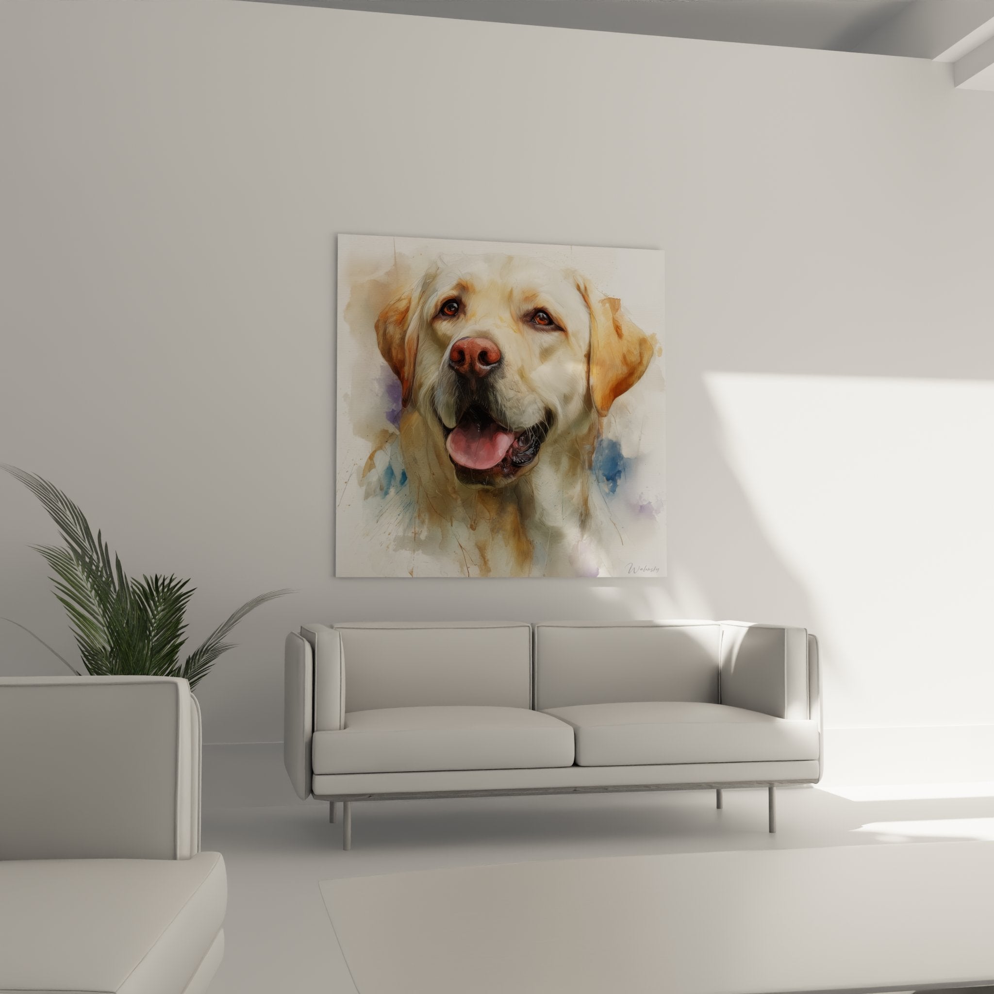 Dettaglio ritratto labrador retriever tecnica acquerello colori tenui sguardo dolce espressione benevola arte canina
