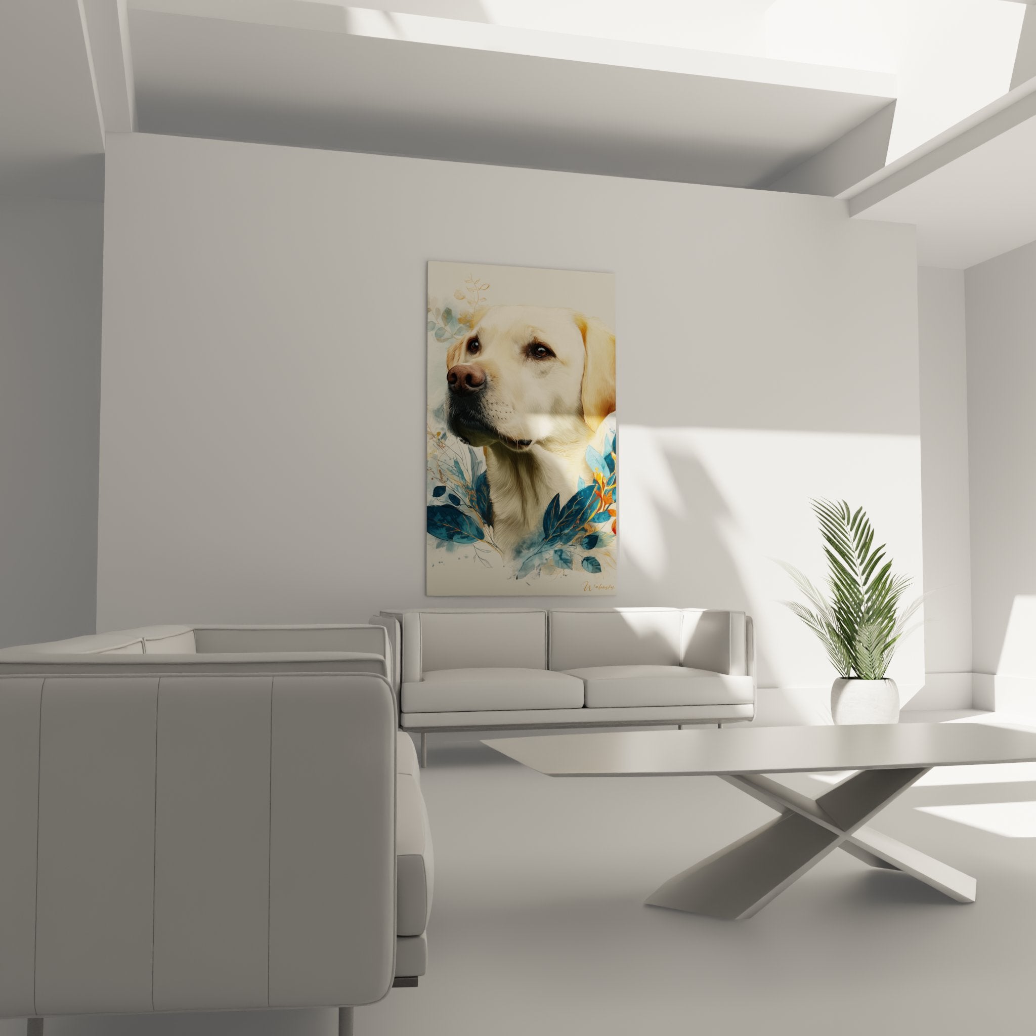 Détail portrait labrador doré yeux bleus technique aquarelle feuillages colorés peinture animalière artistique