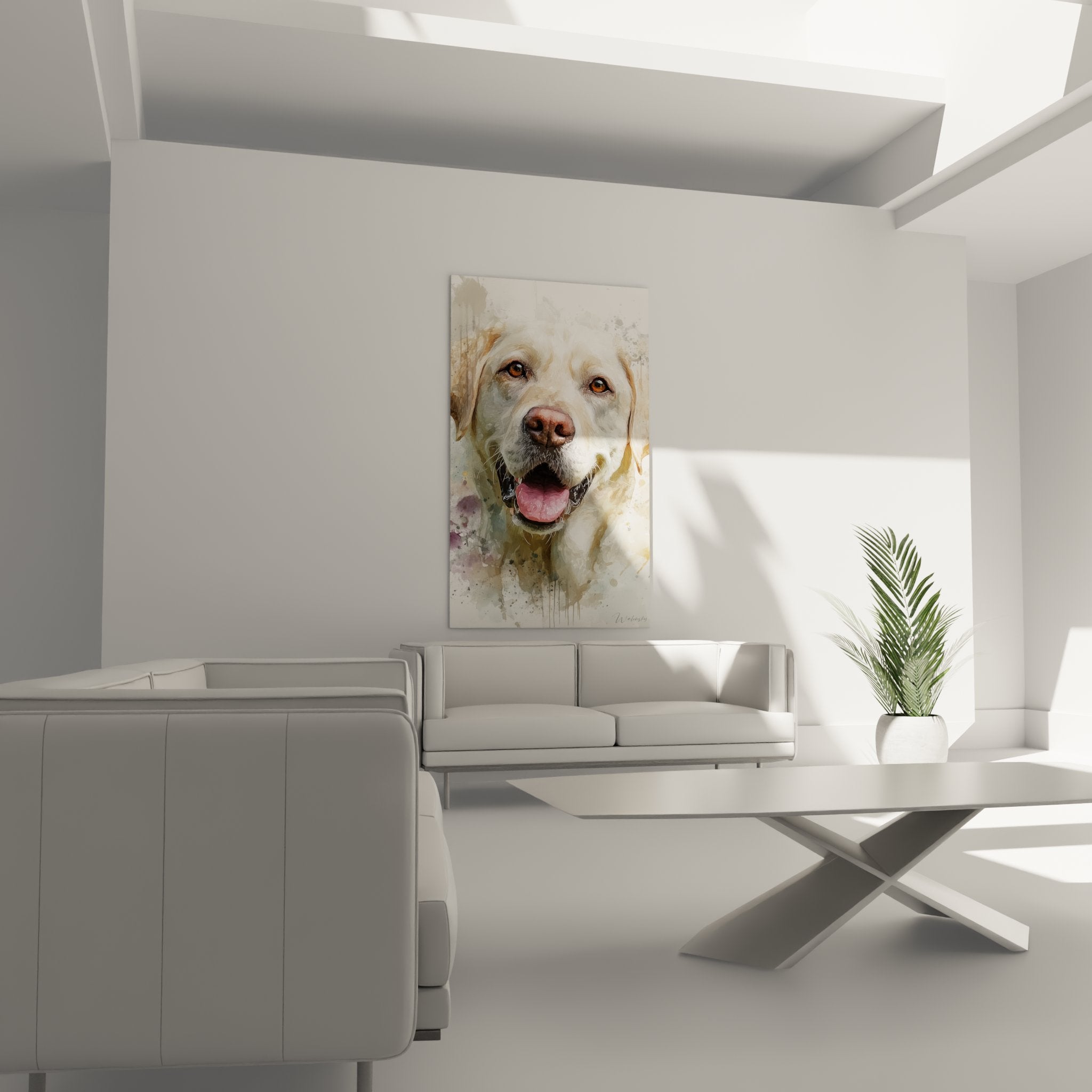 White Labrador portrait detail watercolor technique golden expressive eyes pink tongue realistic muzzle