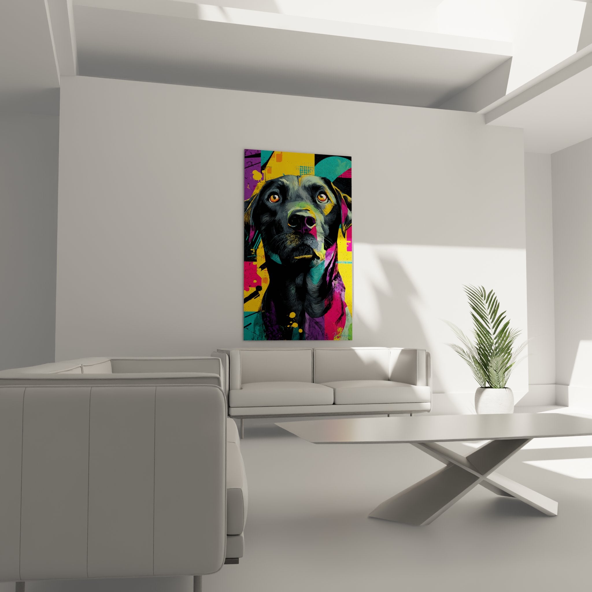detailliertes Porträt schwarzer Labrador intensiver Bernsteinblick gemischte Technik Street Art