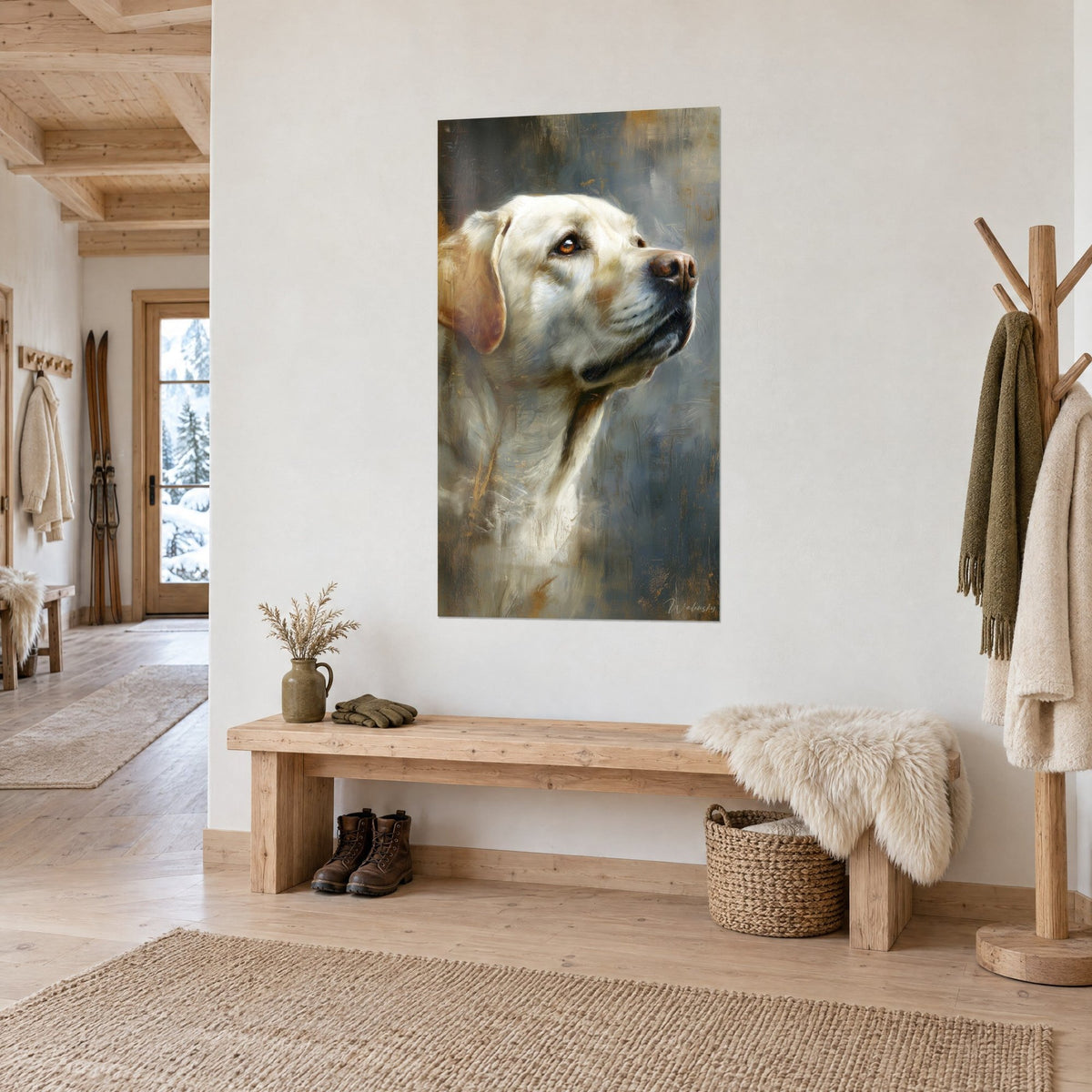 Πίνακας πορτρέτο λευκού-κρεμ retriever, καστανό αυτί και καφέ μουσούδα, χρυσαφένιο γκριζοσιέλ φόντο, λευκός τοίχος ξενώνα