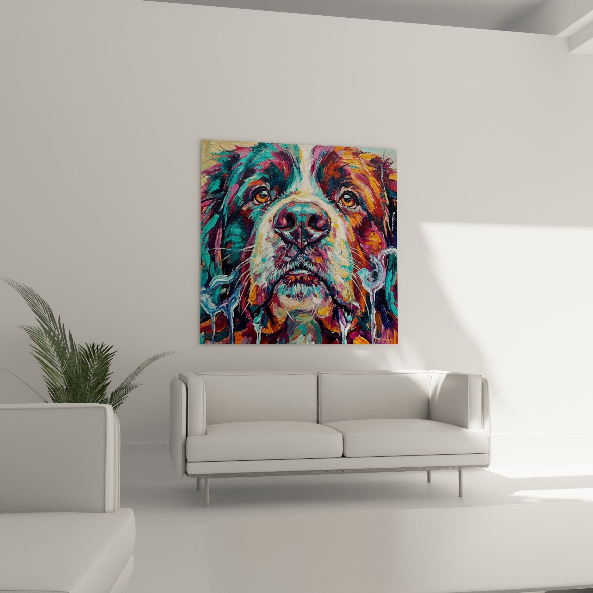 Detail portrait Landseer peinture empâtements turquoise orange violet yeux ambre truffe noire technique picturale expressive