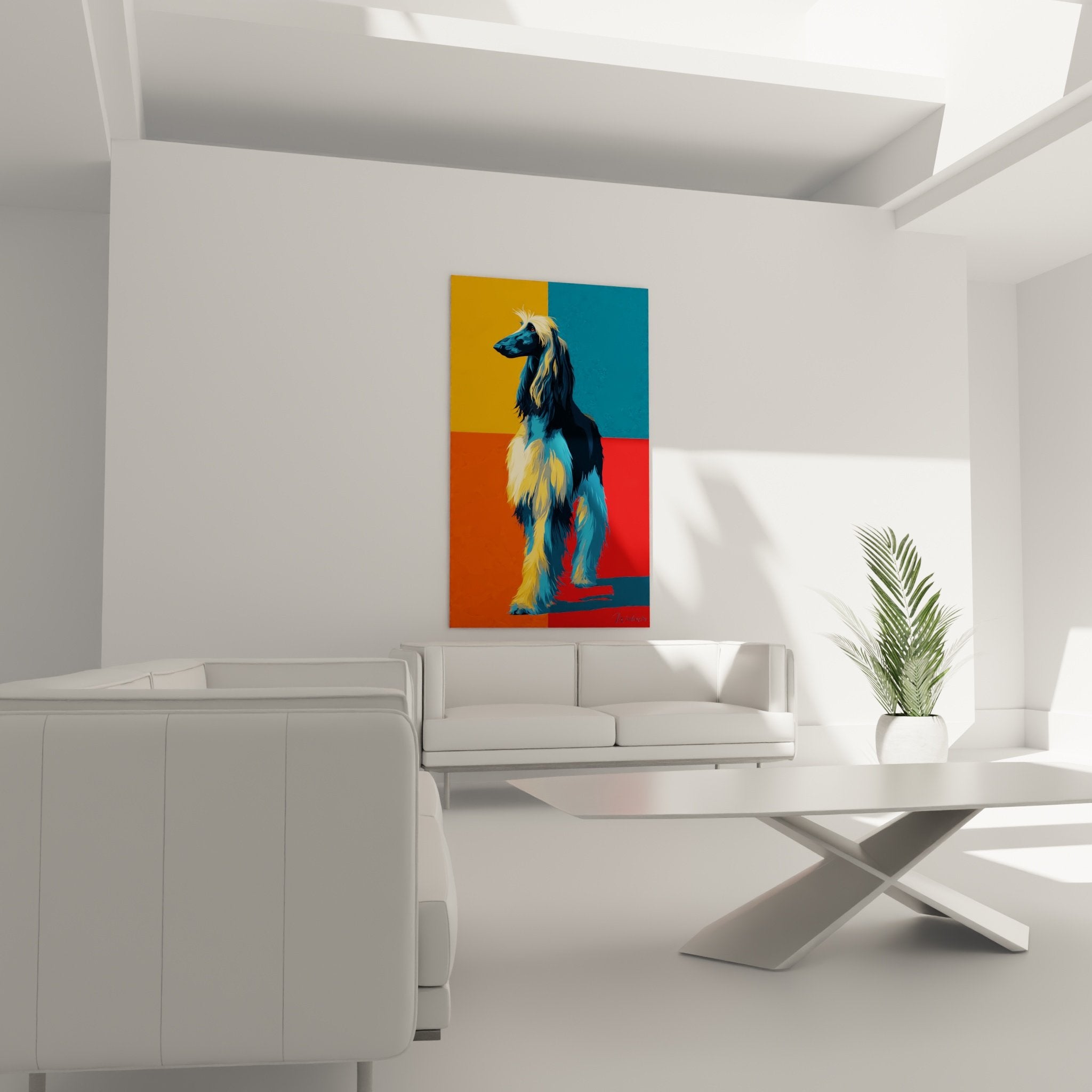 Detail portrait levrier afghan artistique couleurs geometriques contraste moderne