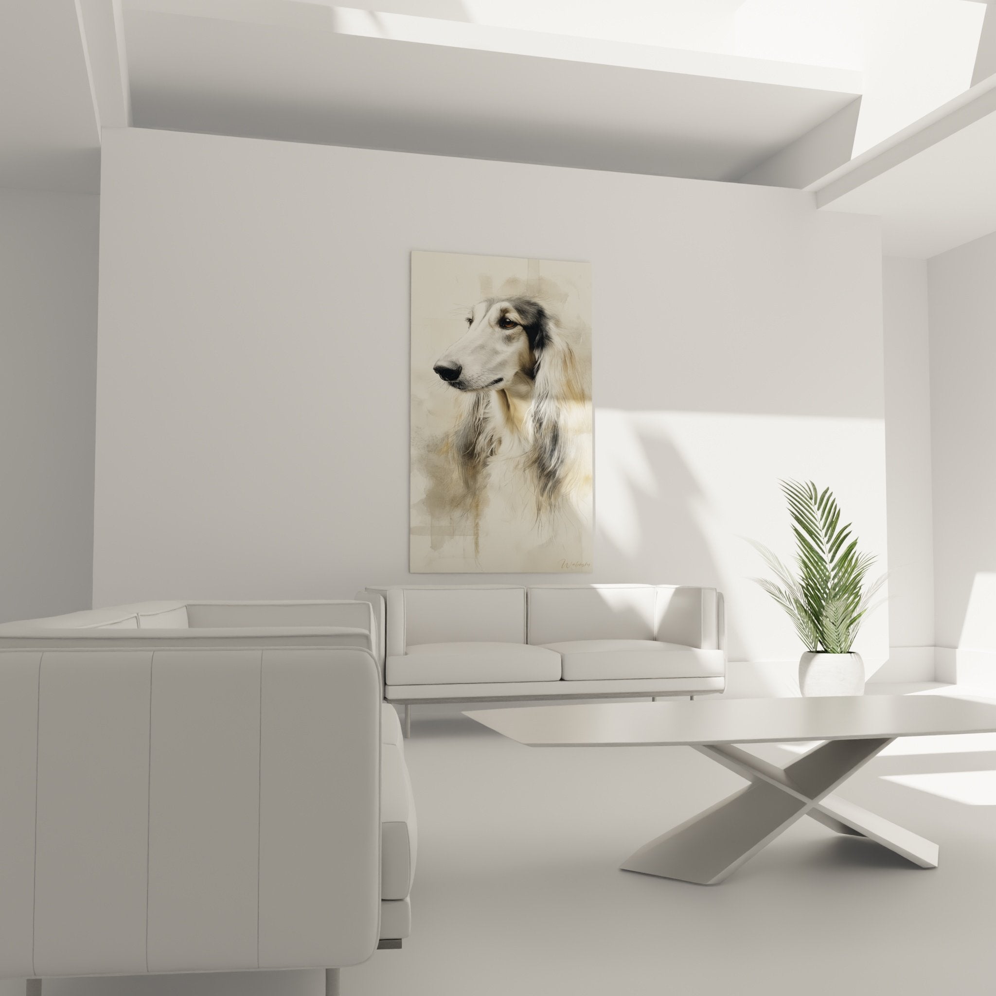 Detail portrait Levrier Afghan aquarelle, texture pelage long, nuances beige et dorees