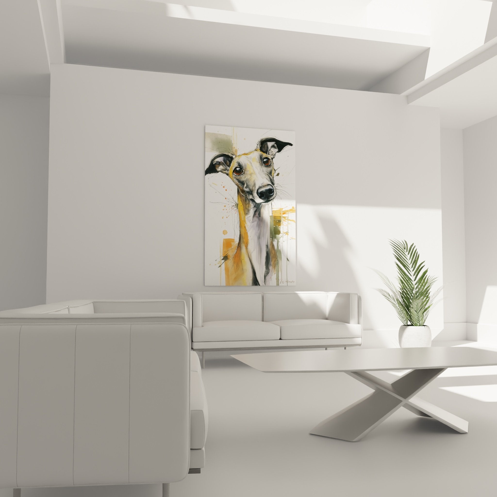 Détail portrait Lévrier Whippet yeux ambrés technique aquarelle trait précis nuances ocre