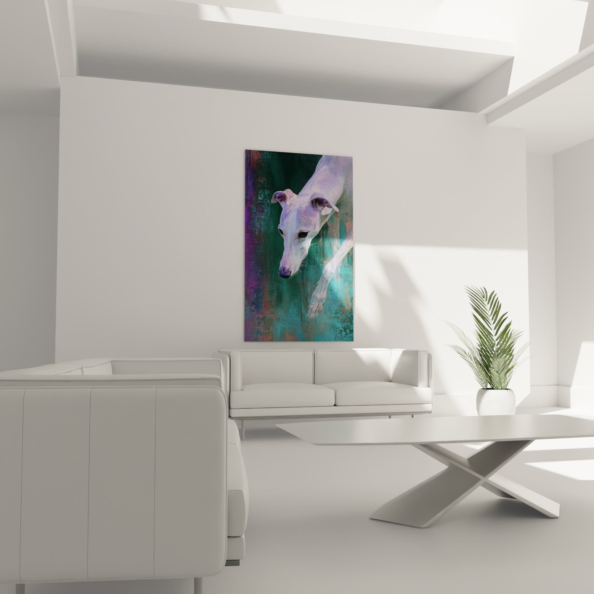 detail portrait levrier whippet artistique violet turquoise texture numerique moderne gros plan