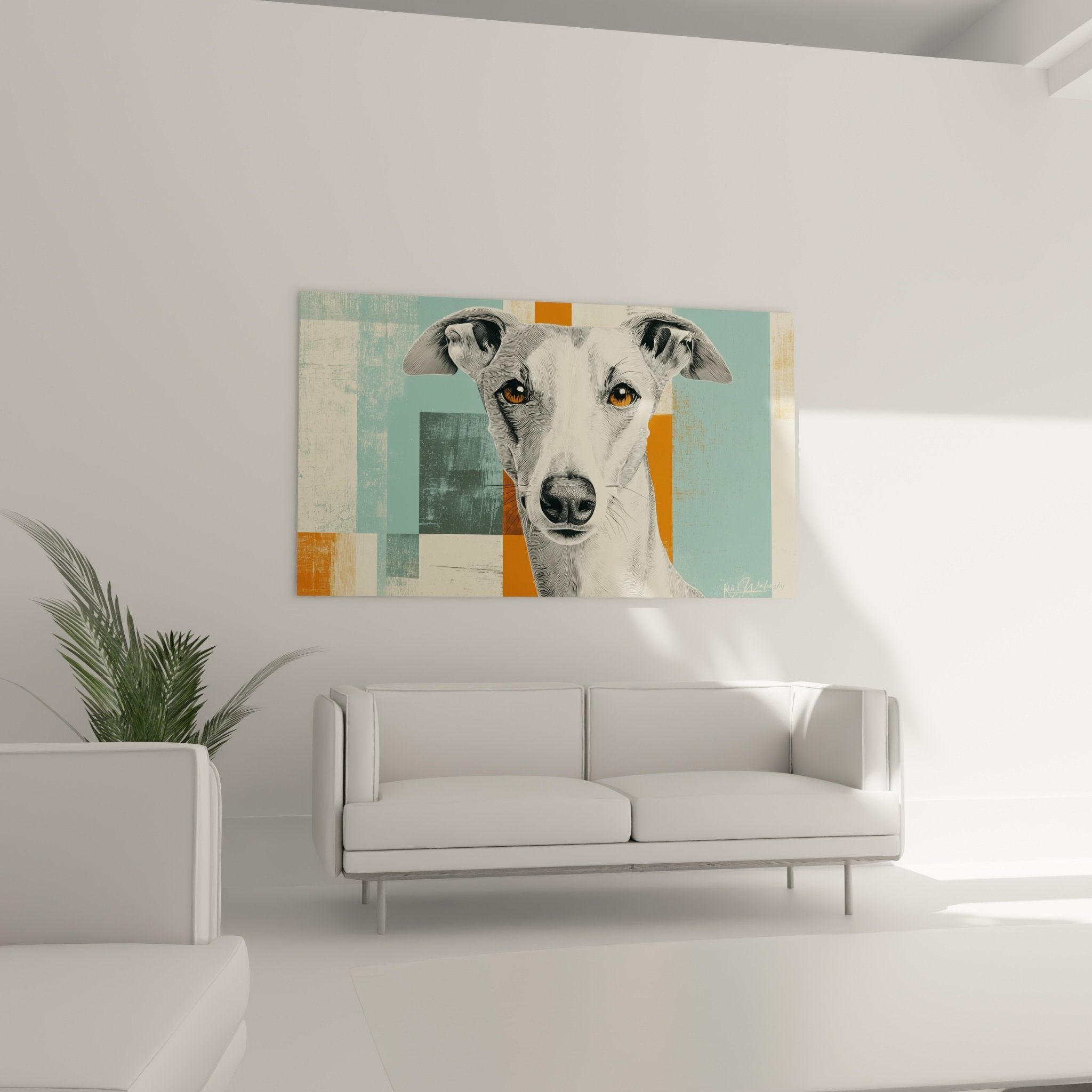 Détail portrait Lévrier Whippet yeux dorés expression noble art mural trait précis technique mixte contemporaine