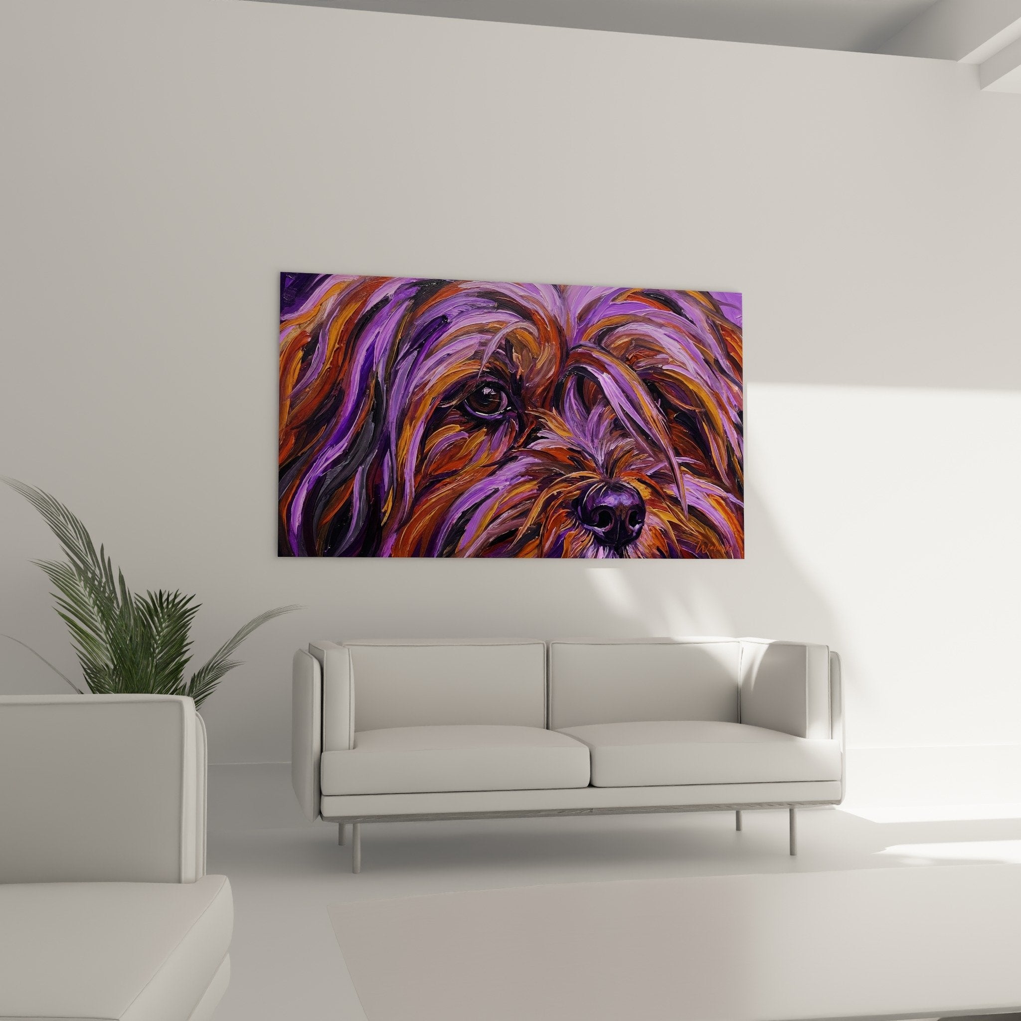 Detail portrait Lhassa Apso peinture violet truffe noire oeil profond coups pinceau expressifs