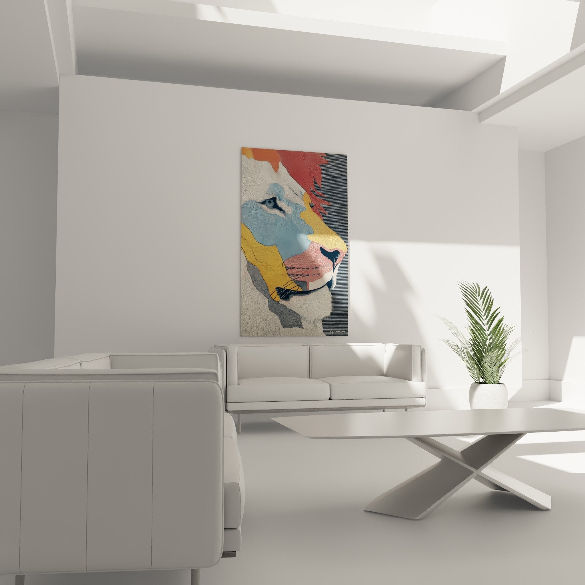 Detailporträt Löwe grafische farbige Linien moderne Technik originale Wandkunst